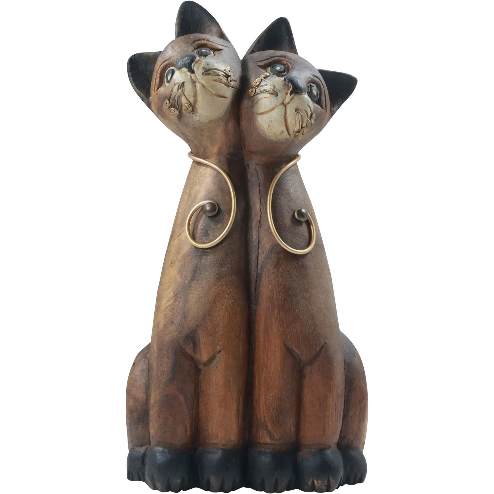 Modern Design Wood Sculpture of Two Siamese Cats 12.5 inches height: modern design wood sculpture depicts two Siamese cats sitting closely together, their bodies intertwined. The carving captures the sleek, elongated features typical of Siamese cats, with a minimalisti