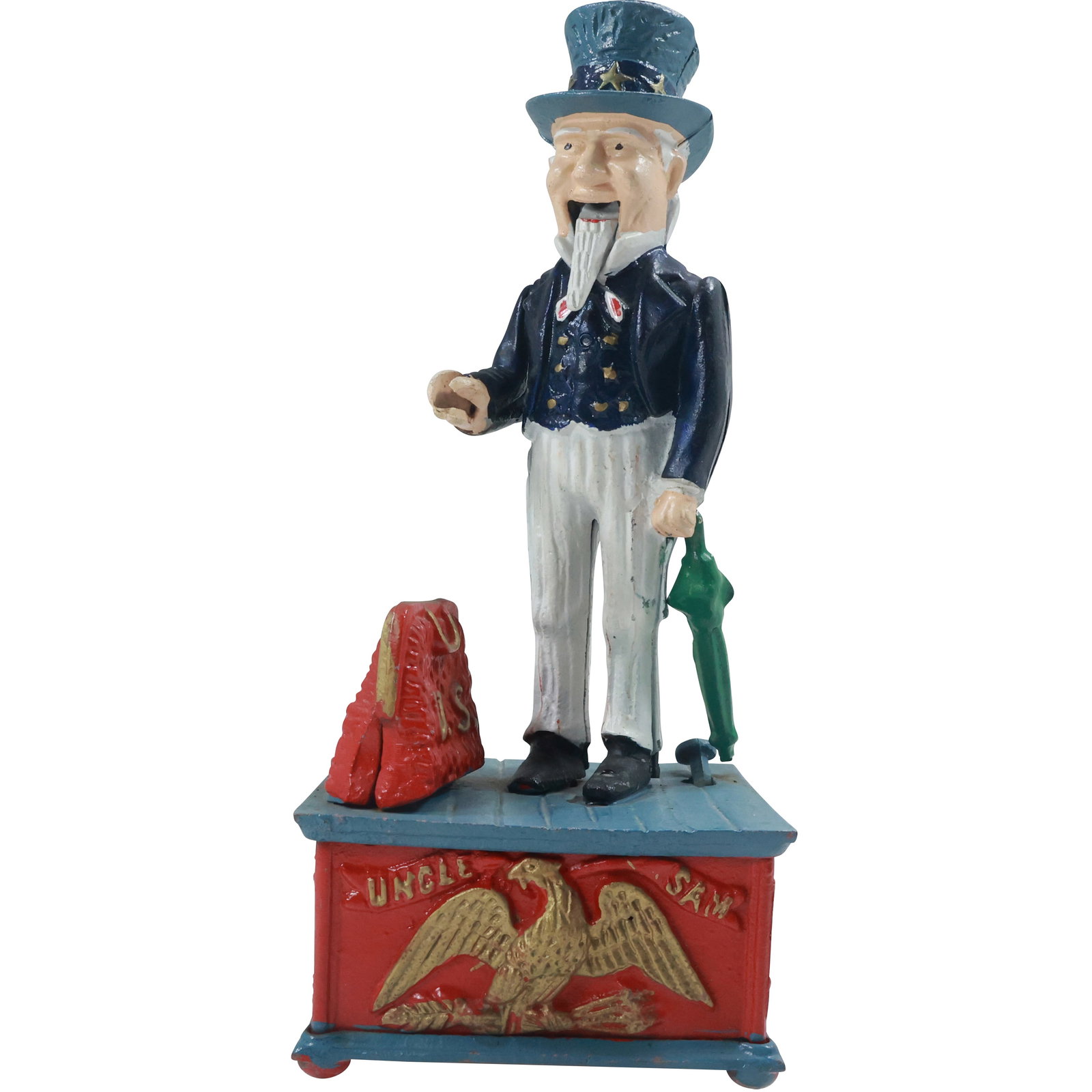 Novelty Uncle Sam Cast Iron Mechanical Coin Bank in Original Paint 11 in. height: novelty Uncle Sam cast iron mechanical coin bank features the iconic figure of Uncle Sam standing atop a red base with a golden eagle motif. The bank retains its original paint, showcasing vibrant col