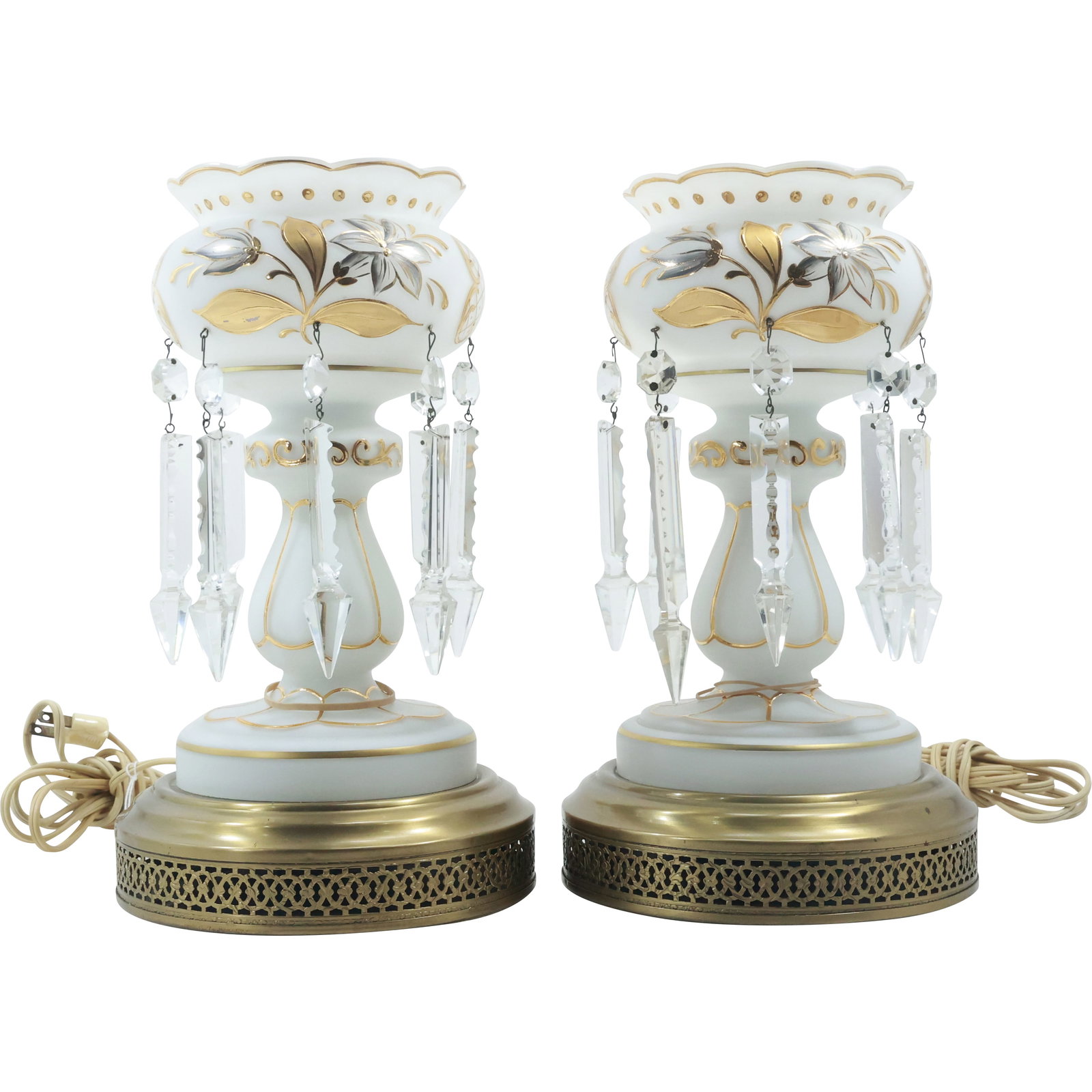 Matching Pair of Glass Decorated Lustres with Glass Prisms, Electrified 12.25 in. height: matched pair of decorated glass lustres features ornate designs with hanging glass prisms and has been electrified for modern use. The lustres are adorned with hand-painted floral patterns in soft, el