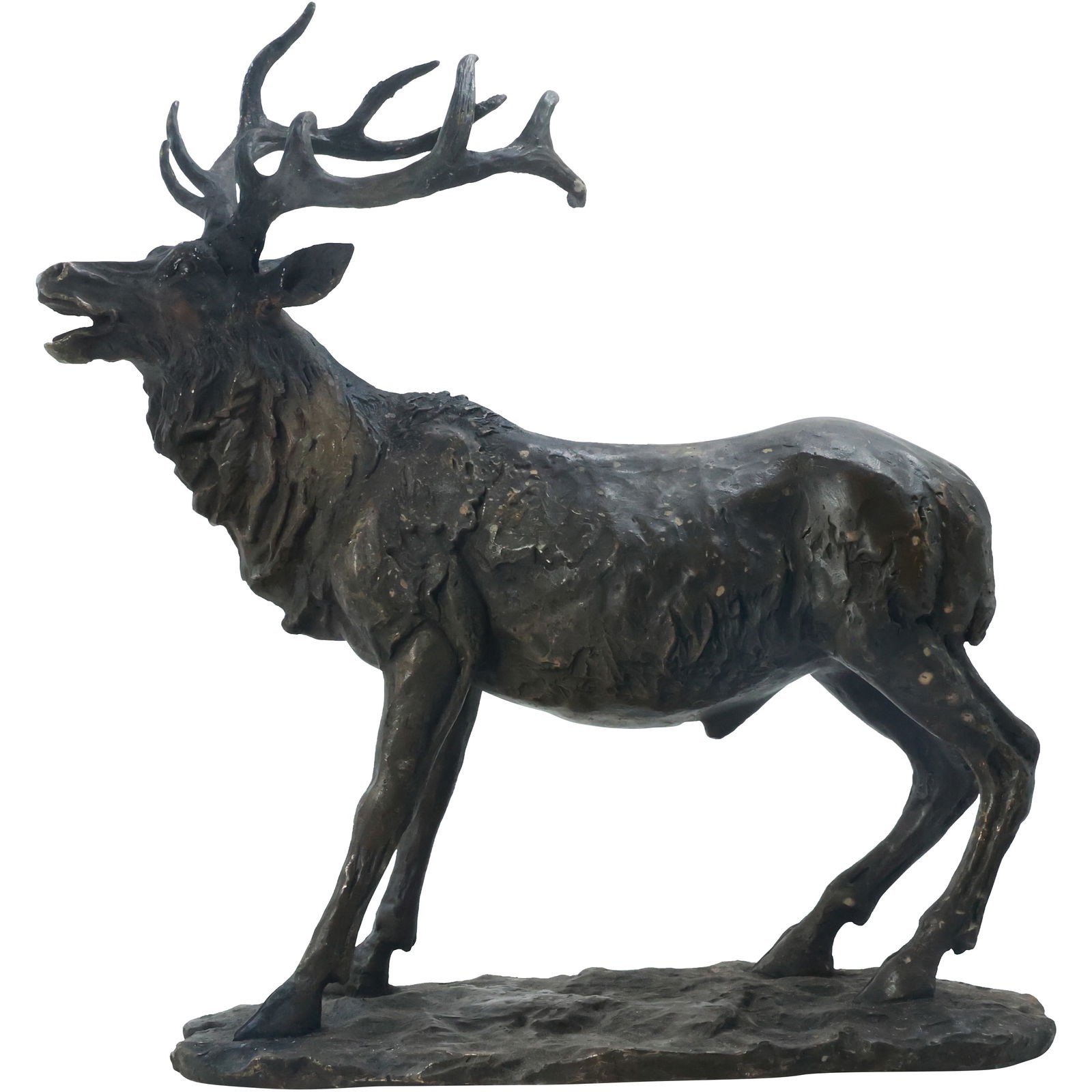 Rembrandt Bugatti (1884 - 1916) Stag Bronze Animal Figure Statue Sculpture, Original Dark Patina: depicts a majestic stag with impressive antlers, captured mid-stride with a powerful and dynamic stance. The detailed sculpting highlights the stag's musculature and textured fur, reflecting Bugatti's