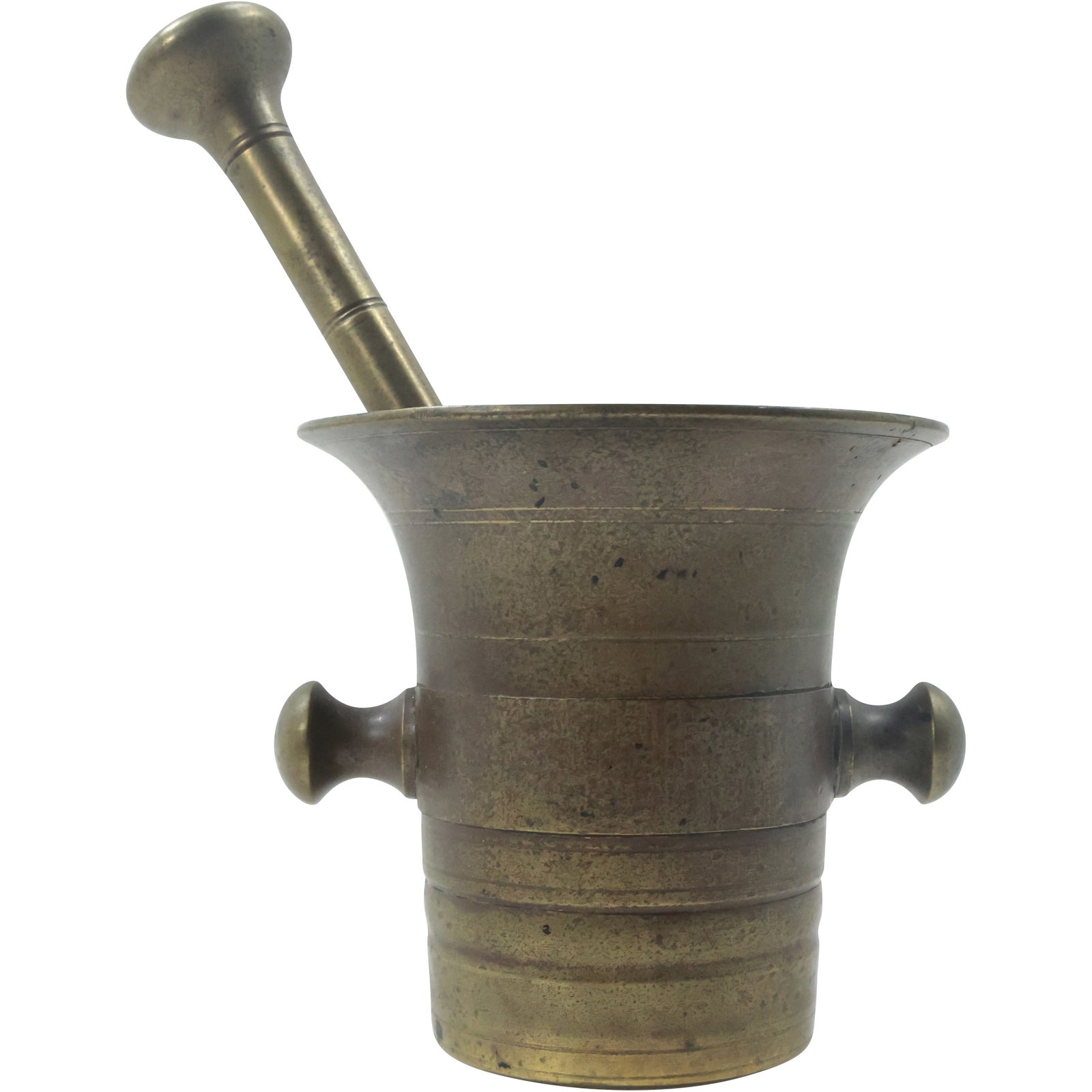 Late 18th ea. 19th c Tulip Shape Heavy Bronze Mortar & Pestle Twin Handles (1 of 16)