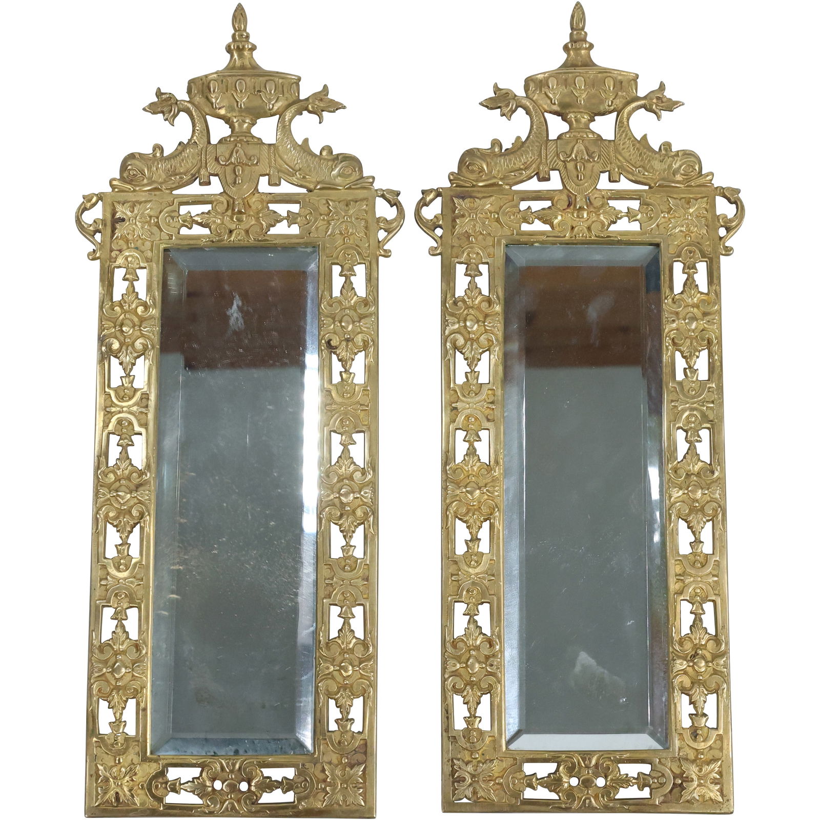 Pair of Antique Emile V. Blaesius Brass Mirrors with Serpents, Late 1800s, Louis XVI Style (1 of 10)