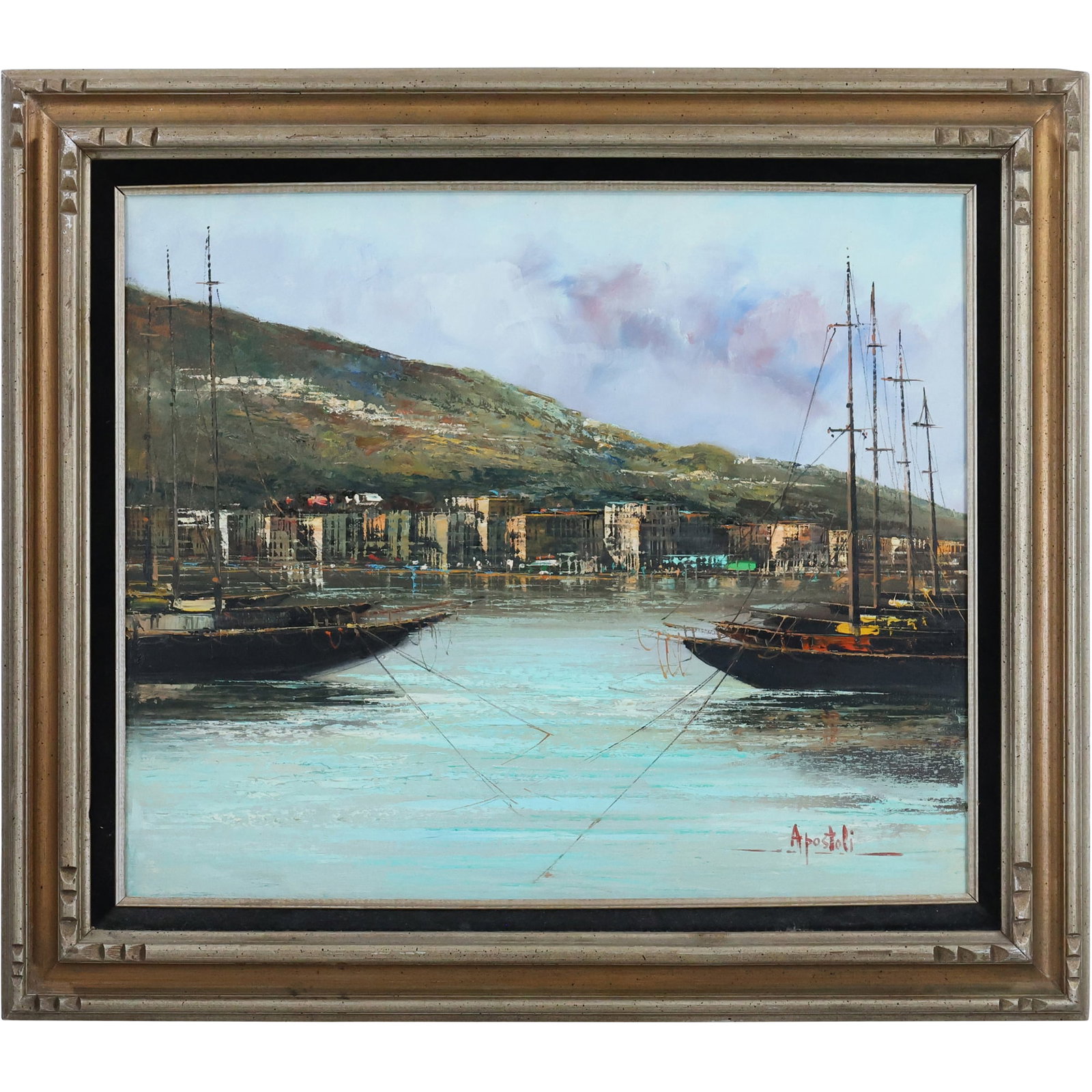 Apostoli Mid-Century Impressionistic Oil Painting: Naples Harbor with Boats (1 of 12)
