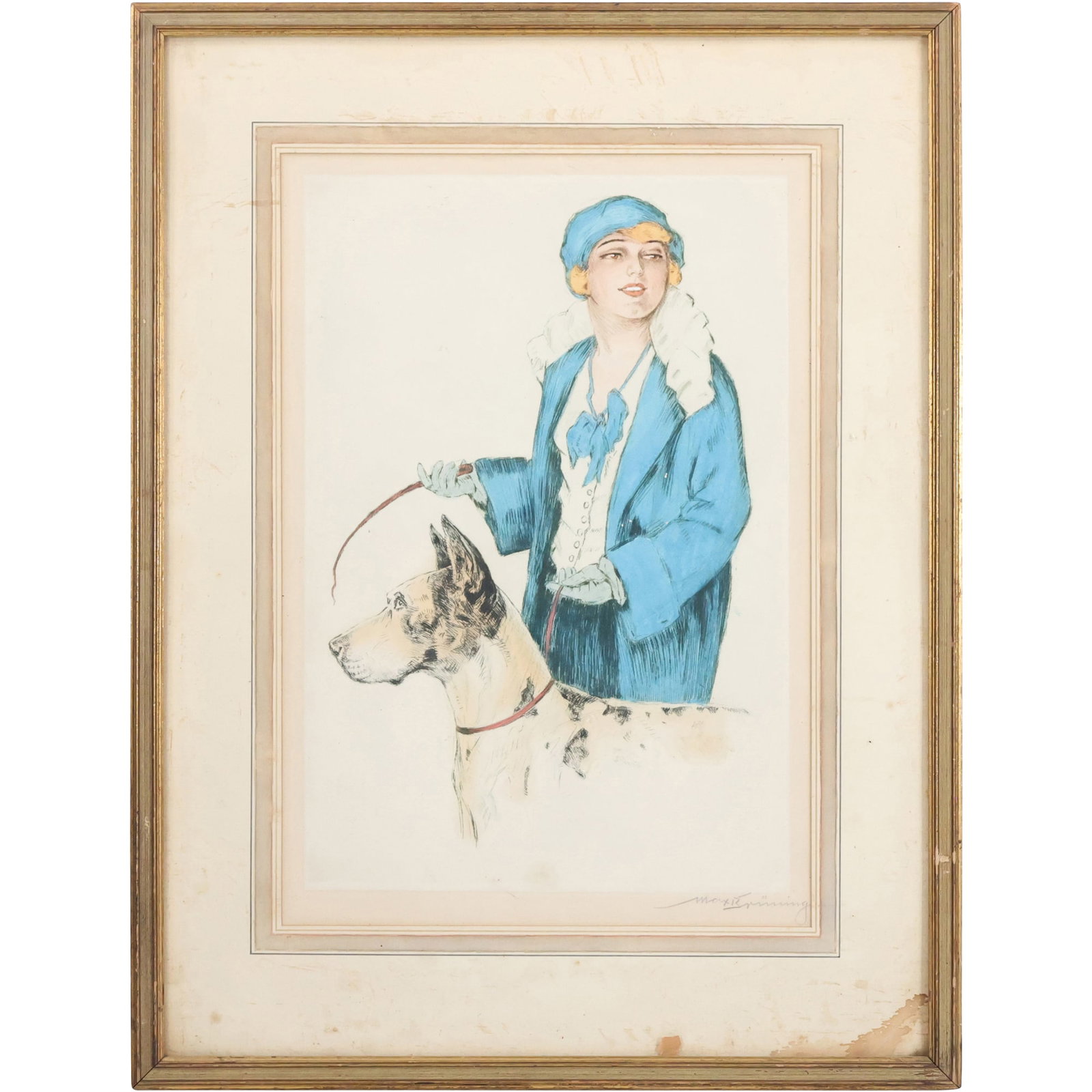Max Bruning Lithograph: Fashionable Lady and Great Dane, Early 1900s (1 of 9)