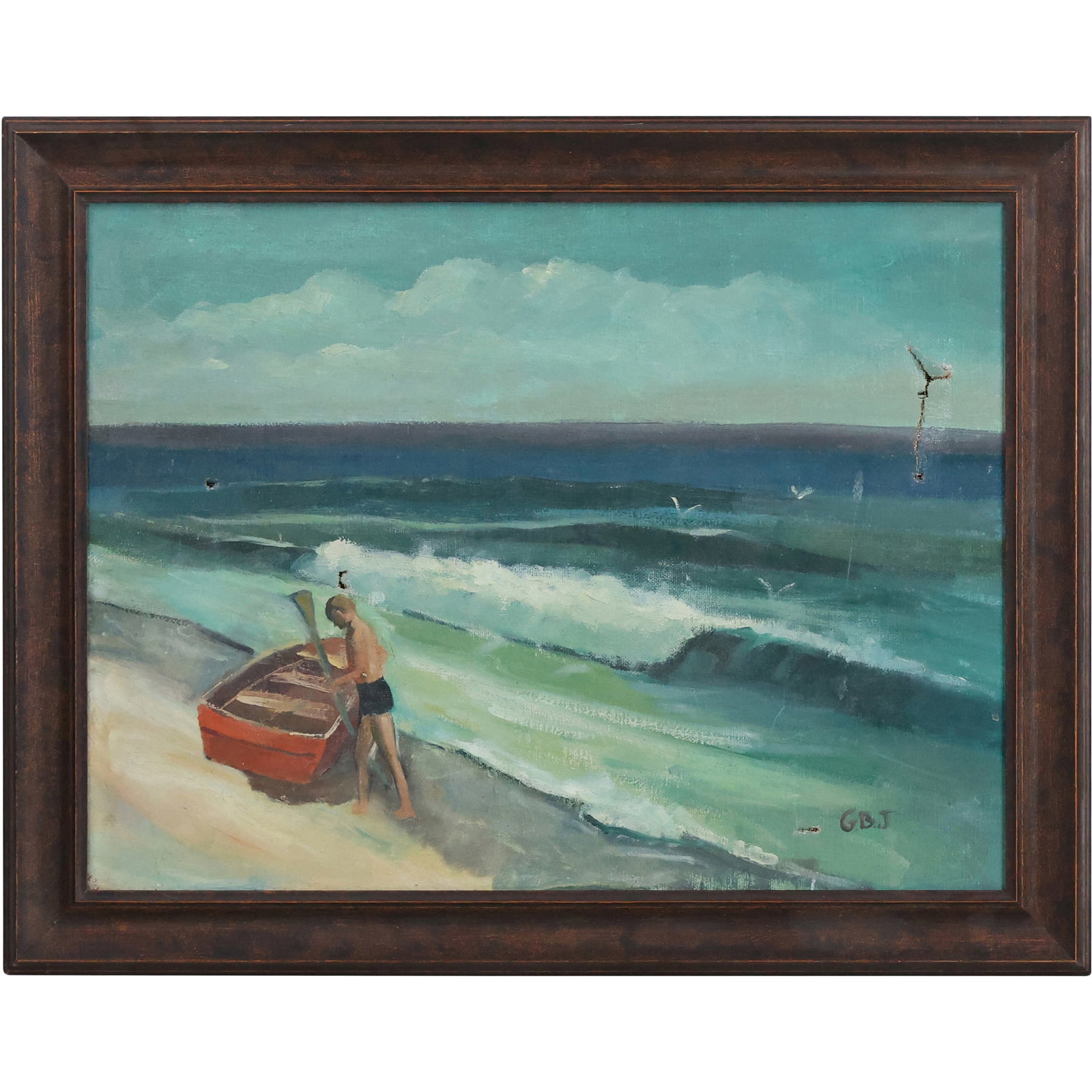 Signed "G.B.J" Painting of Coastal Scene w/ a Male Figure & Boat [NEEDS RESTORATION] (1 of 12)