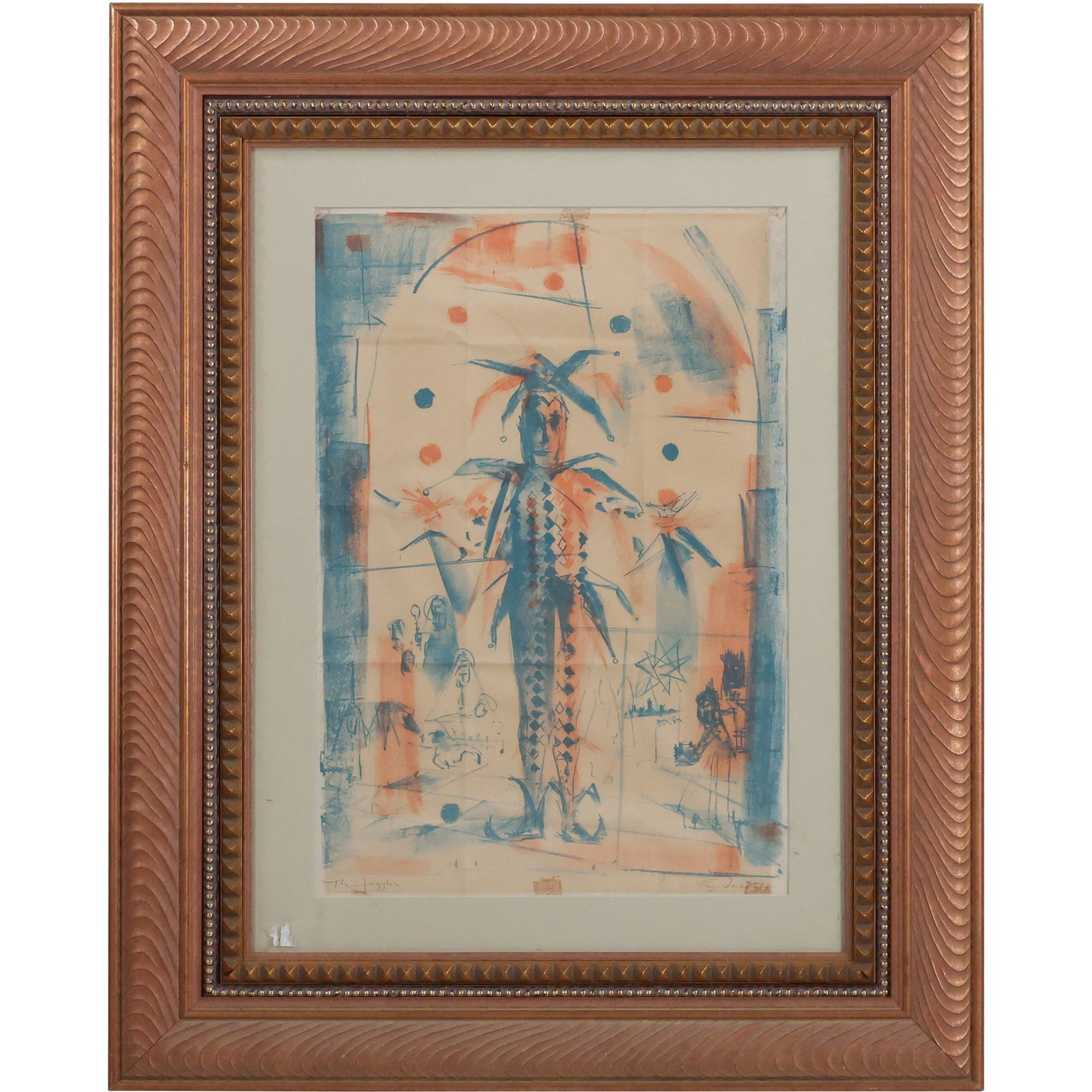 Vintage Lithograph Figure of a Harlequin Jester "The Juggler", Artist Signed, Framed (1 of 12)