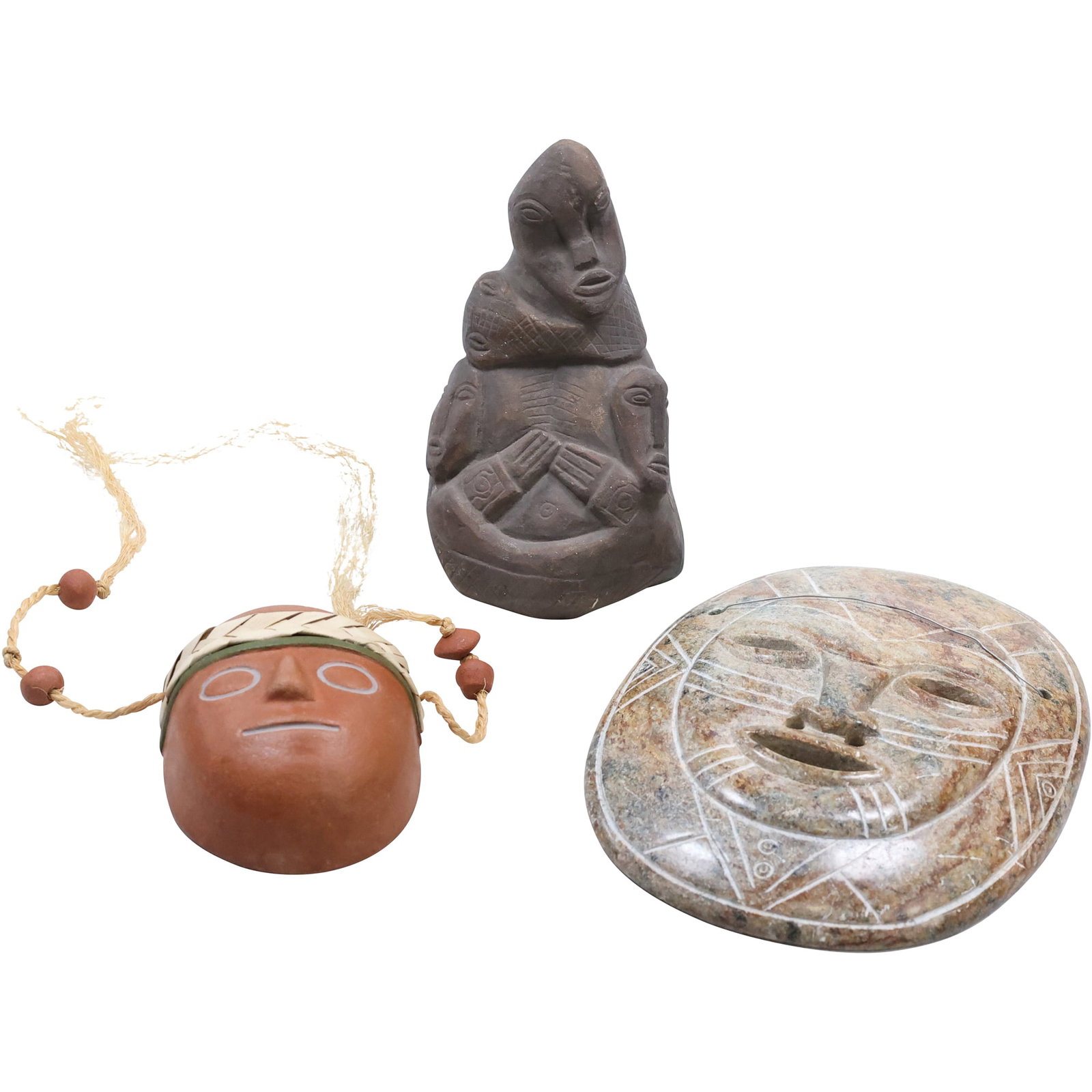 Collection of Pre-Columbian Style Artifacts: Clay Mask, Carved Figure, and Stone Mask (1 of 18)