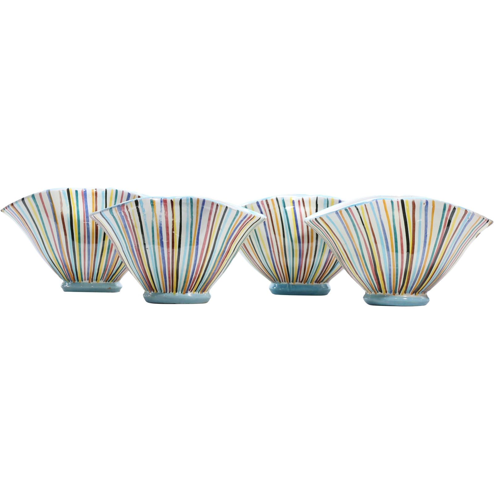 Set of 4 Hand-Painted Colorful Italian Ceramic Fanned Bowls – Mid-Century Modern, Marked Italy (1 of 8)
