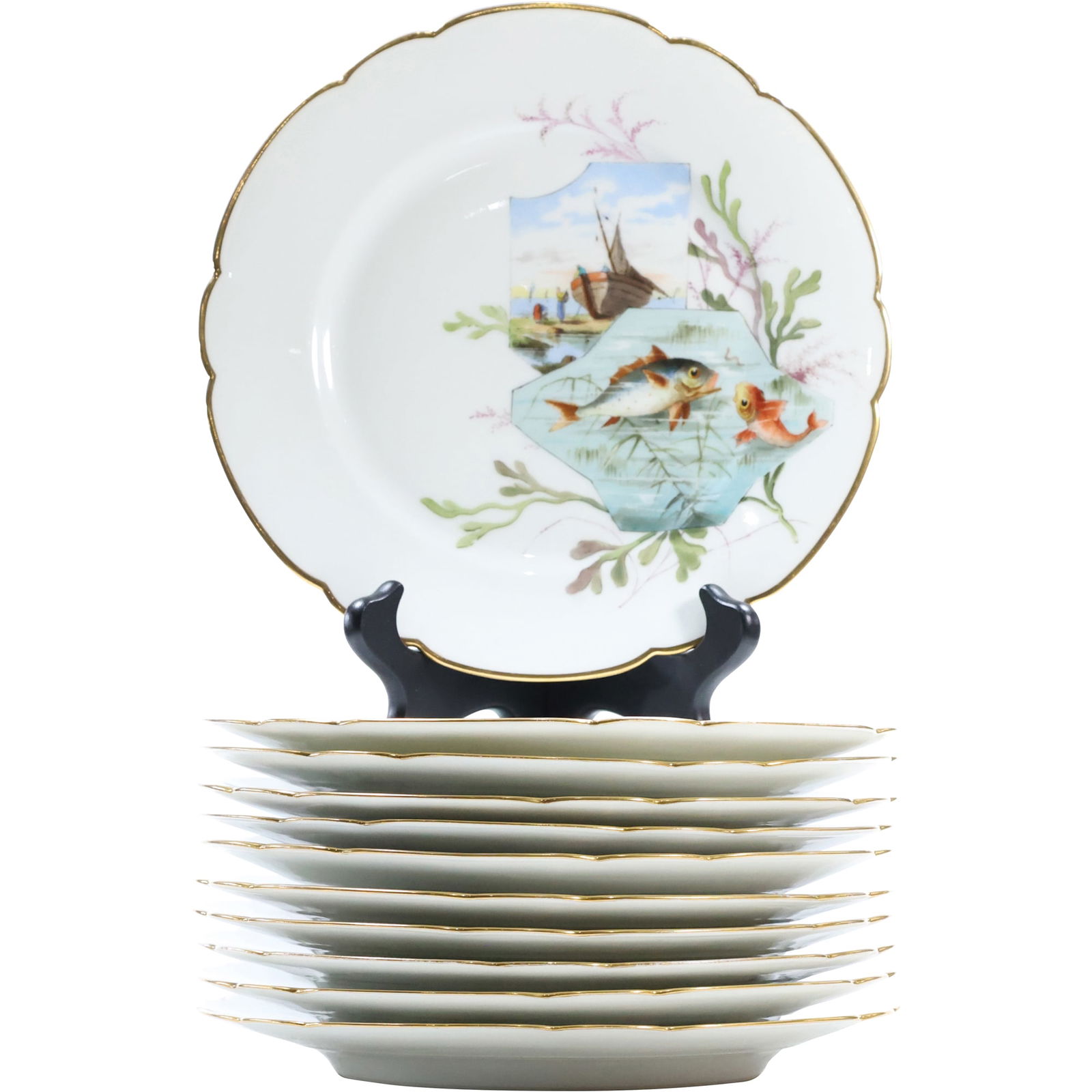 Set of 11 Antique Hand-Painted Porcelain Fish Plates: (1 of 19)