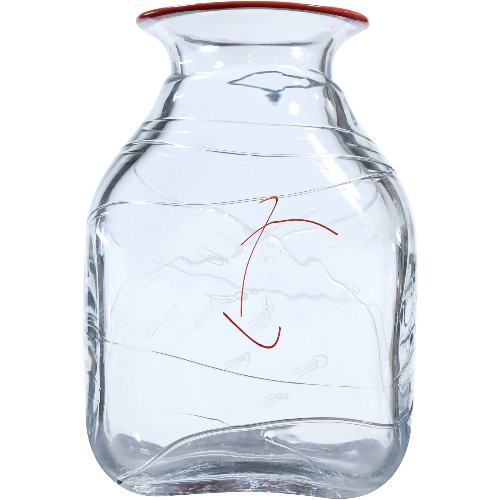 Signed Bertil Vallien for Kosta Boda Modern Clear Vase: This clear glass vase, designed by Bertil Vallien for Kosta Boda, features a minimalist yet striking design. The vase is accented with a red rim and a subtle red abstract design on the body, adding a