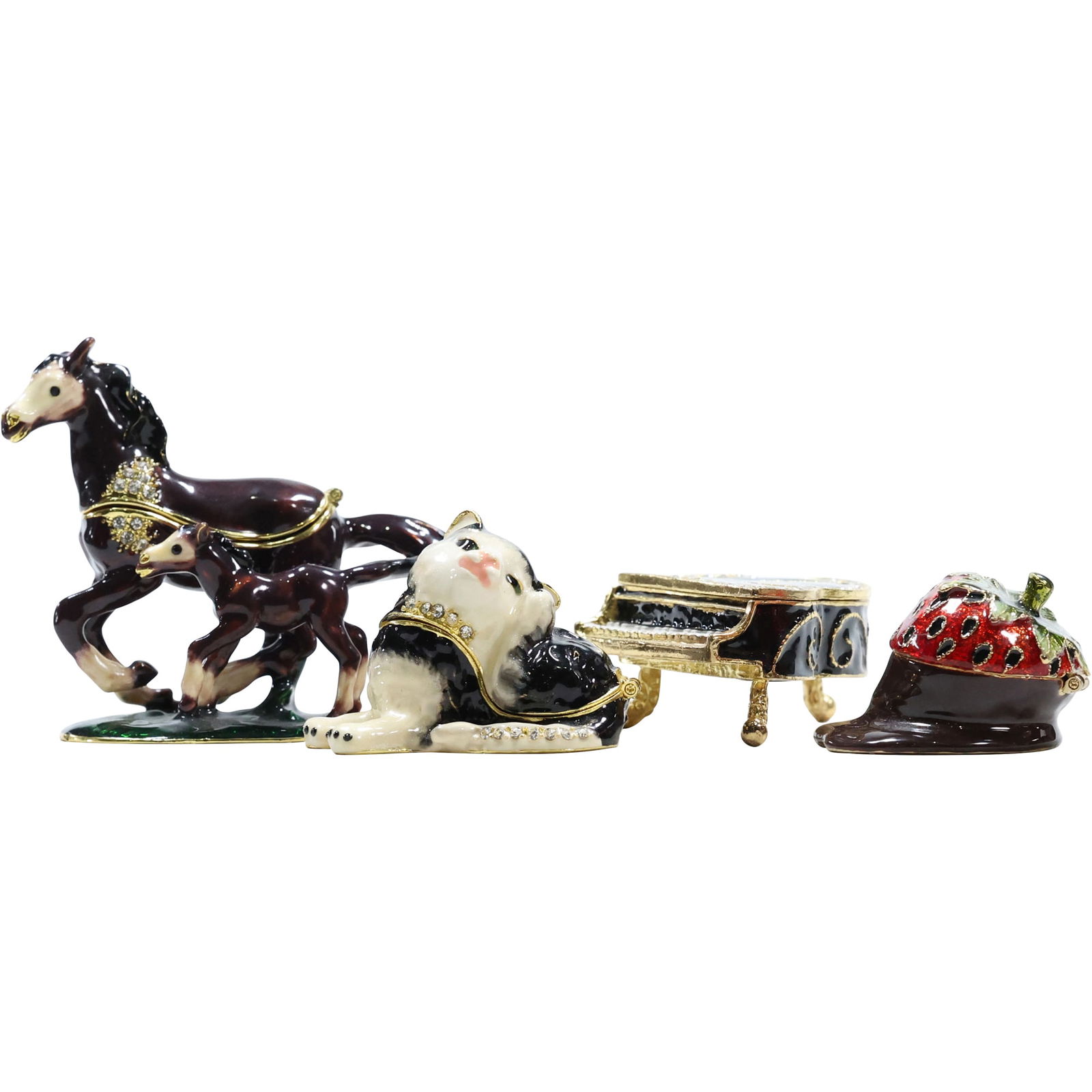 Set of 4 Enameled Jeweled Trinkets: Horses, Cat, Piano, and Strawberry (1 of 14)