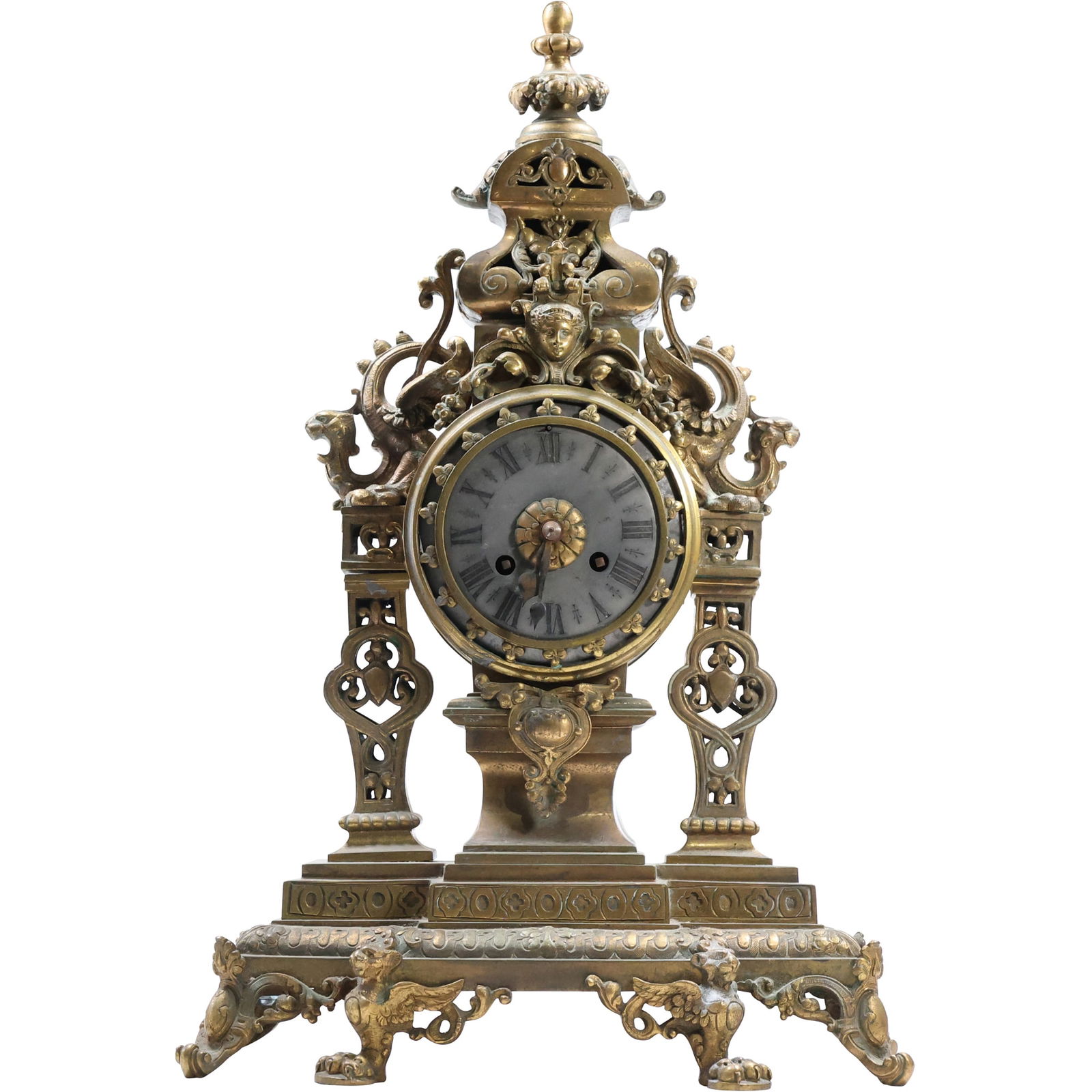 Renaissance Revival Gilt Bronze Mantle Clock with Mythical Creatures and Monogrammed Clockworks (1 of 14)