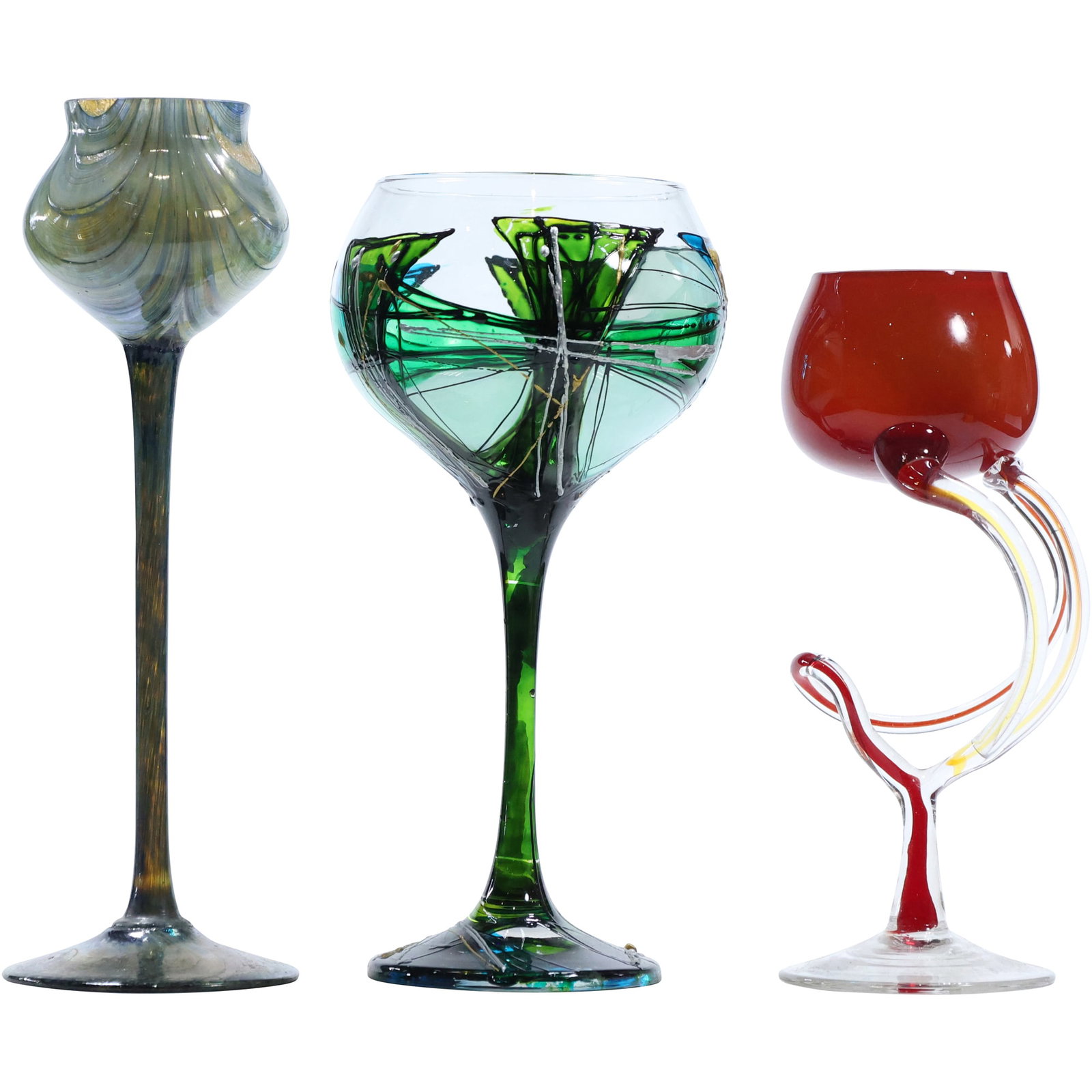 Set of 3 Unique Art Glass Wine Goblets - Phoenician Art Glass, Olja Einfalt, and Jozefina Krosno: This stunning trio of art glass wine goblets brings together the artistry of three distinct glassmaking traditions.Vintage Unsigned Phoenician Art Glass Wine Goblet: The first piece, with its intricat