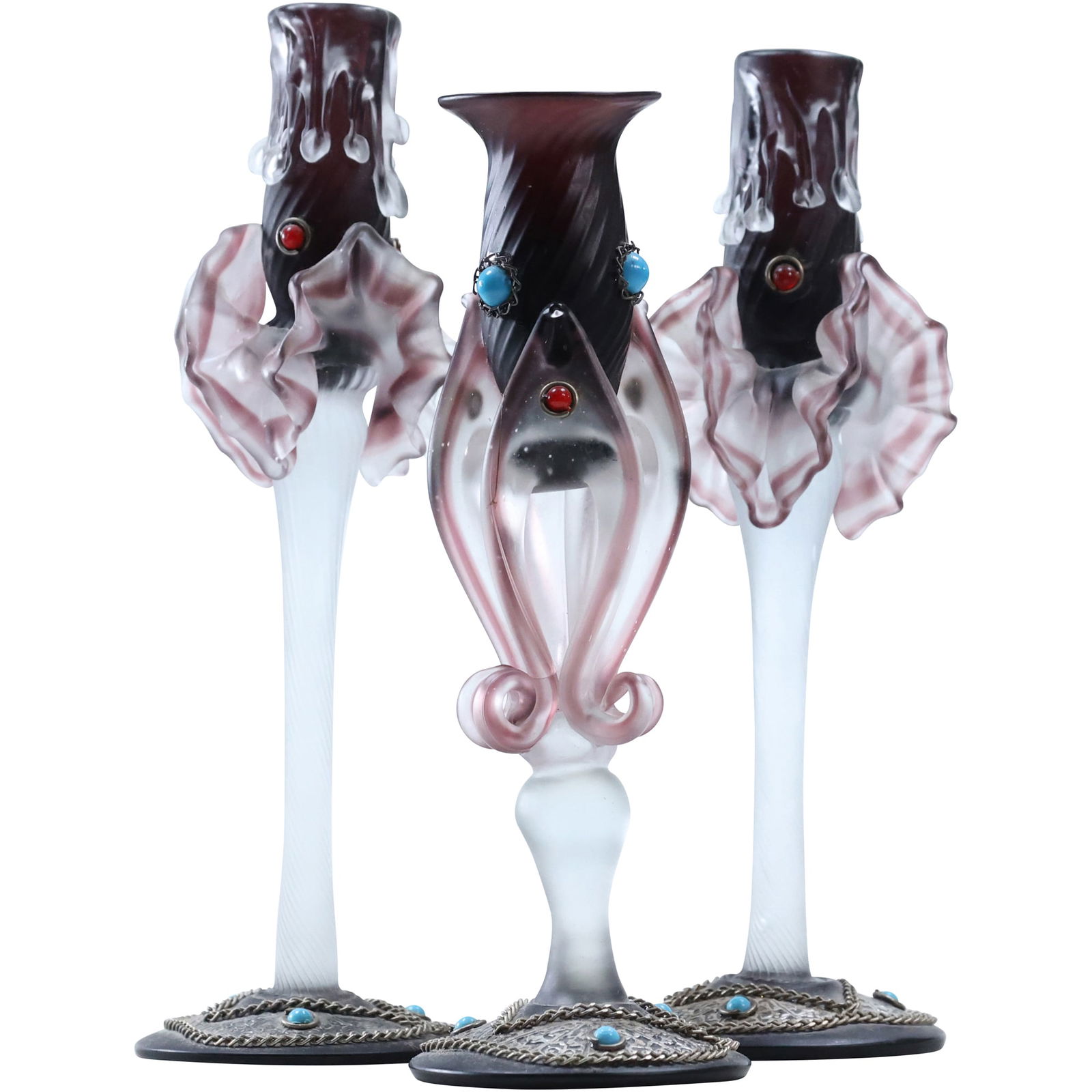 Eclectic Hand Blown Art Glass Candlestick Holders with Burgundy Tops & Frosted Bases (1 of 11)