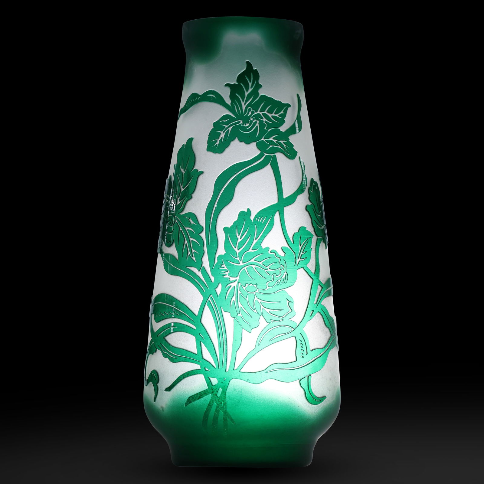 Vintage Kelsey Murphy Pilgrim Style Green Sand Carved CAMEO Art Glass Vase: Vintage art glass vase is crafted in the style of Kelsey Murphy and Pilgrim Glass. It features intricate sand-carved cameo designs, with vibrant green floral patterns contrasting against a frosted bac