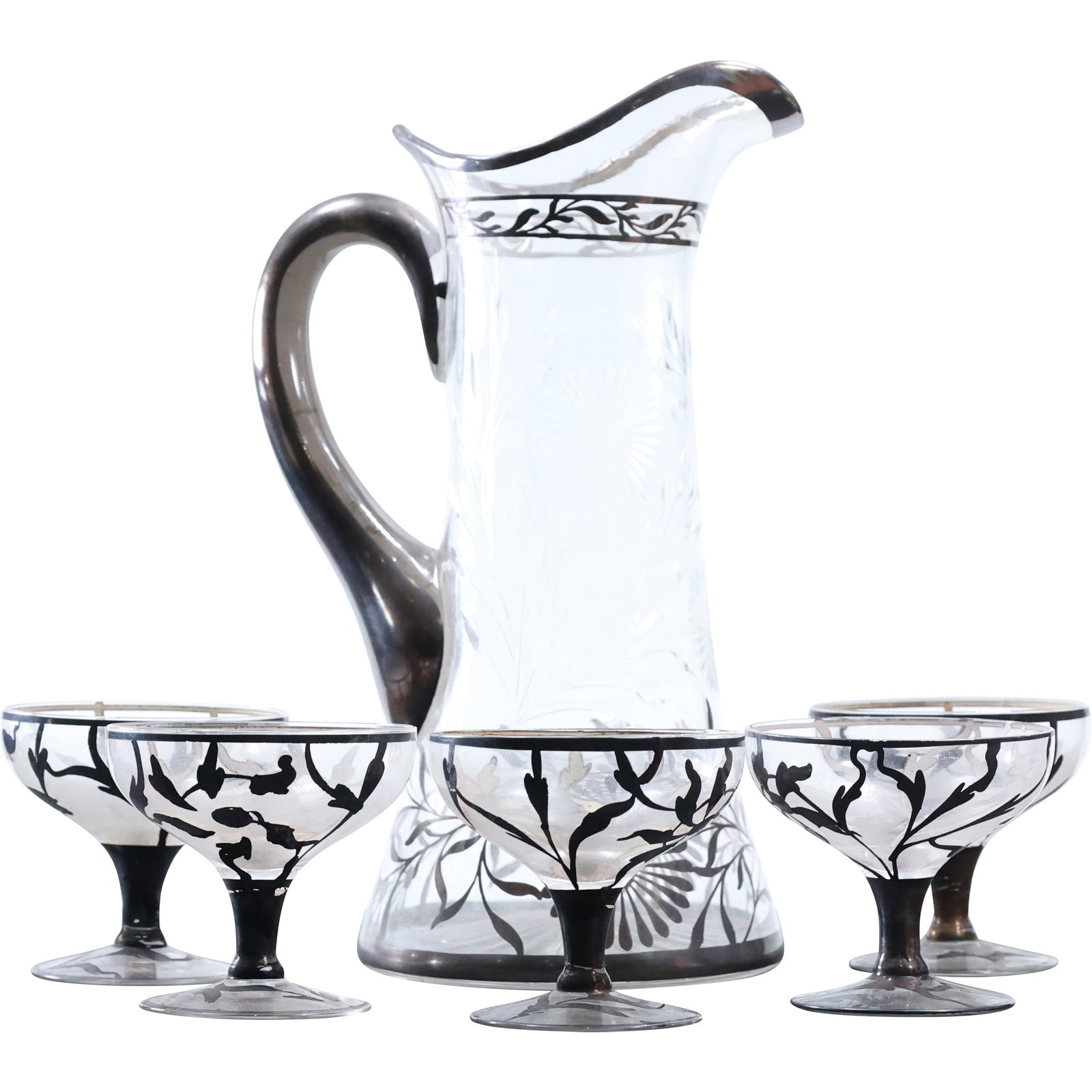 Vintage Glass Pitcher & Cocktail Glasses Set with Black & Silver Overlay - 6 Piece Matching Set (1 of 16)