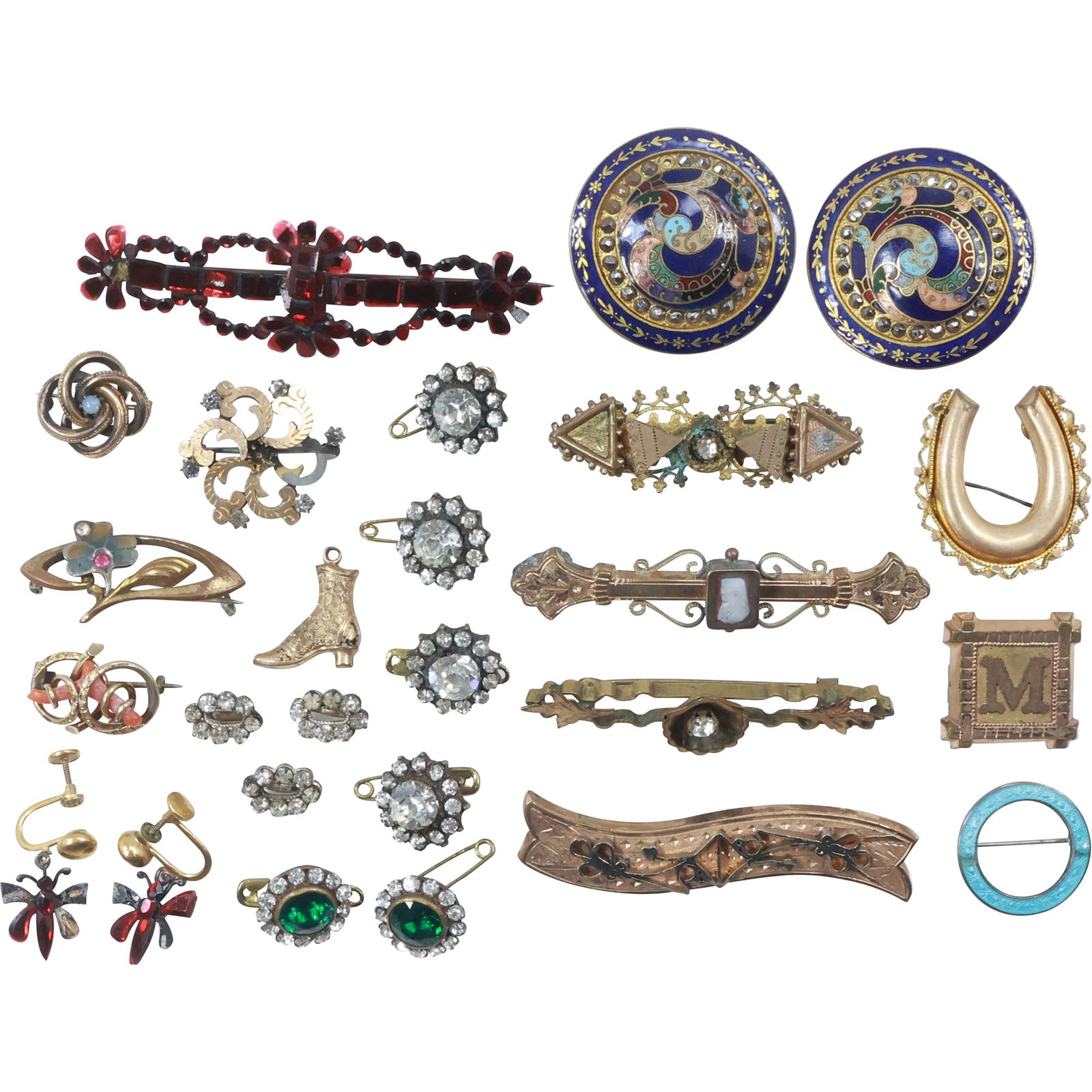 26 Pieces Assorted Victorian Jewelry: Pins, Buttons, Earrings; Sterling, Enamel, 10K, Coral (1 of 13)