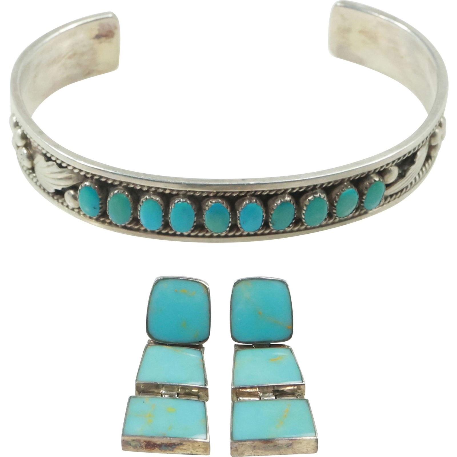 Zuni Signed Dave & Celia Nieto Sterling Silver & Turquoise Cuff Bracelet and Earrings (1 of 18)