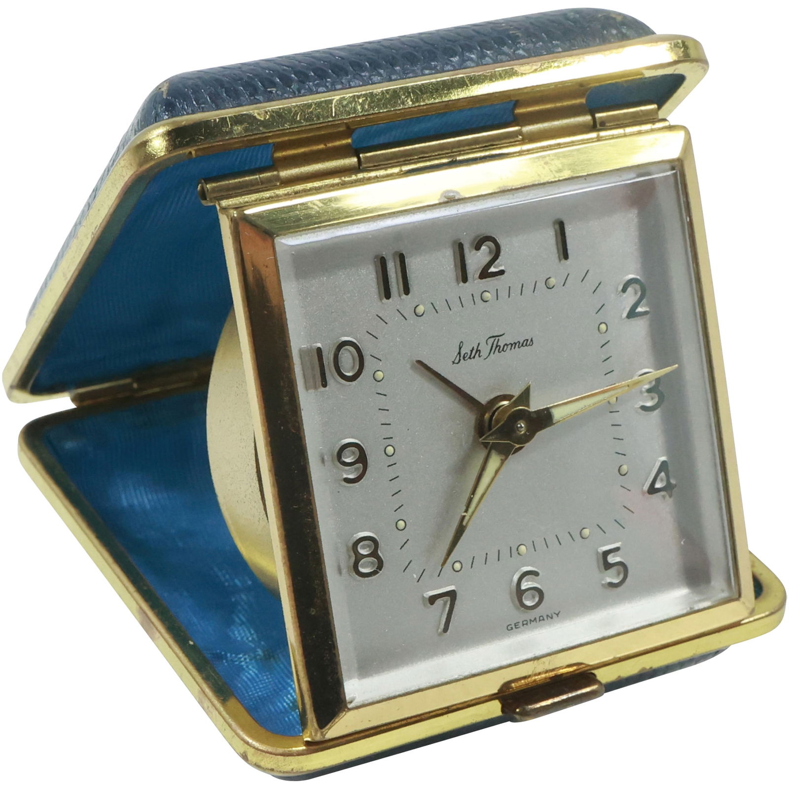 Vintage Seth Thomas Travel Clock, Blue Case,  2 3/4 in. x 2 3/8 in. (1 of 14)