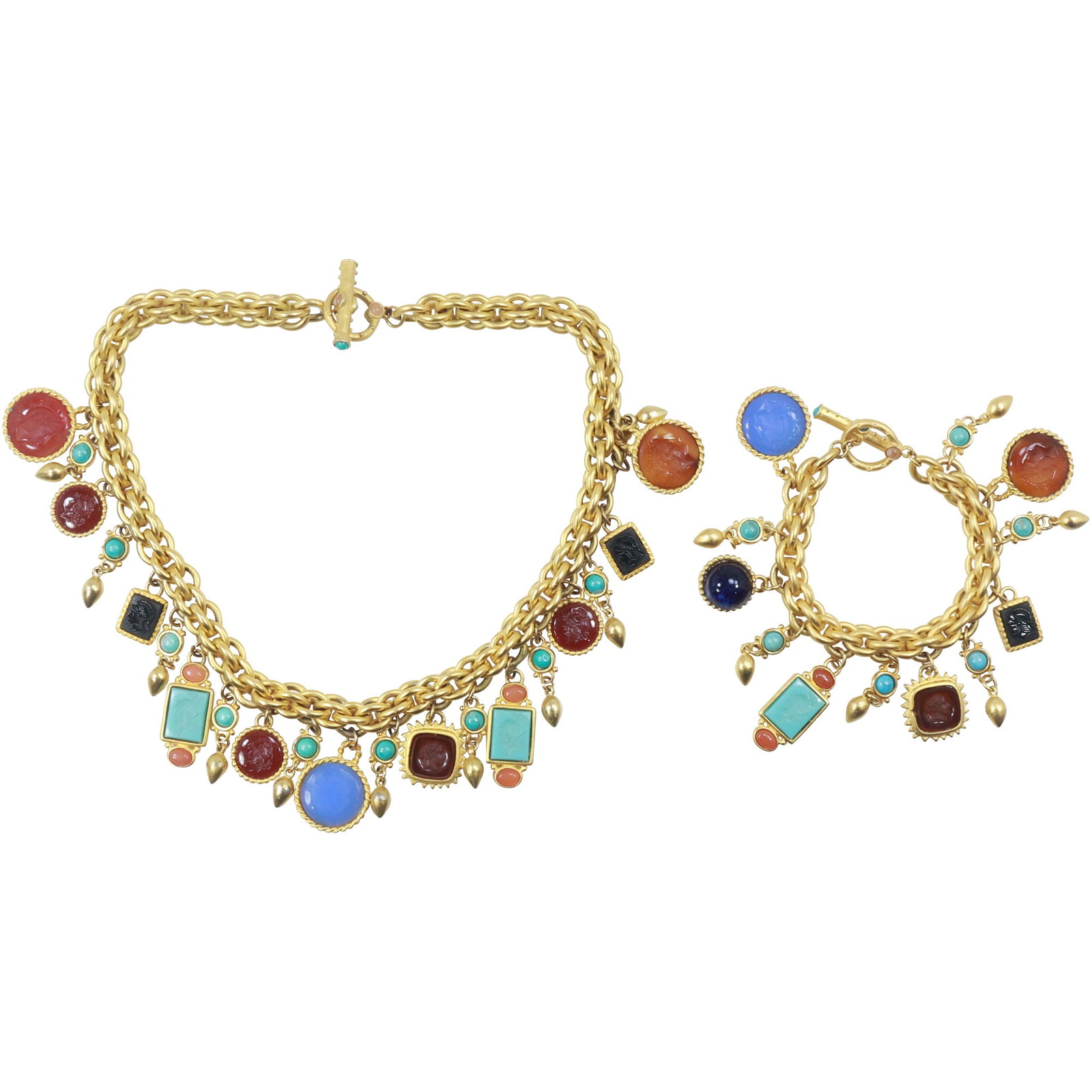 Multi Color Stones Cameos, Carnelian, Turquoise Necklace 19 in. and Bracelet 9 in. x 1 3/4 in.: Multi Color Stones Cameos, Carnelian, Turquoise Necklace 19 in. and Bracelet 9 in. x 1 3/4 in.