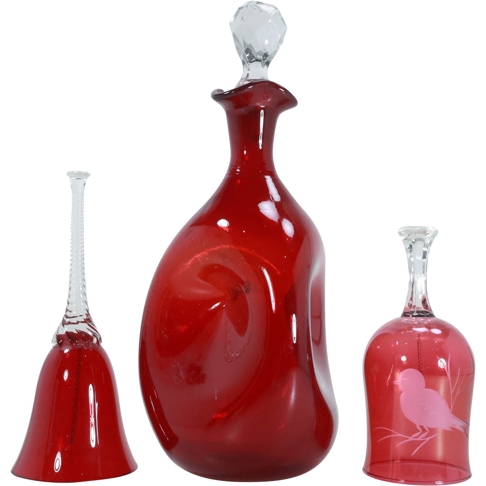 [3] Ruby Red Pinch Sides Glass Liquor Decanter and 2 Dinner Bells (1 of 13)