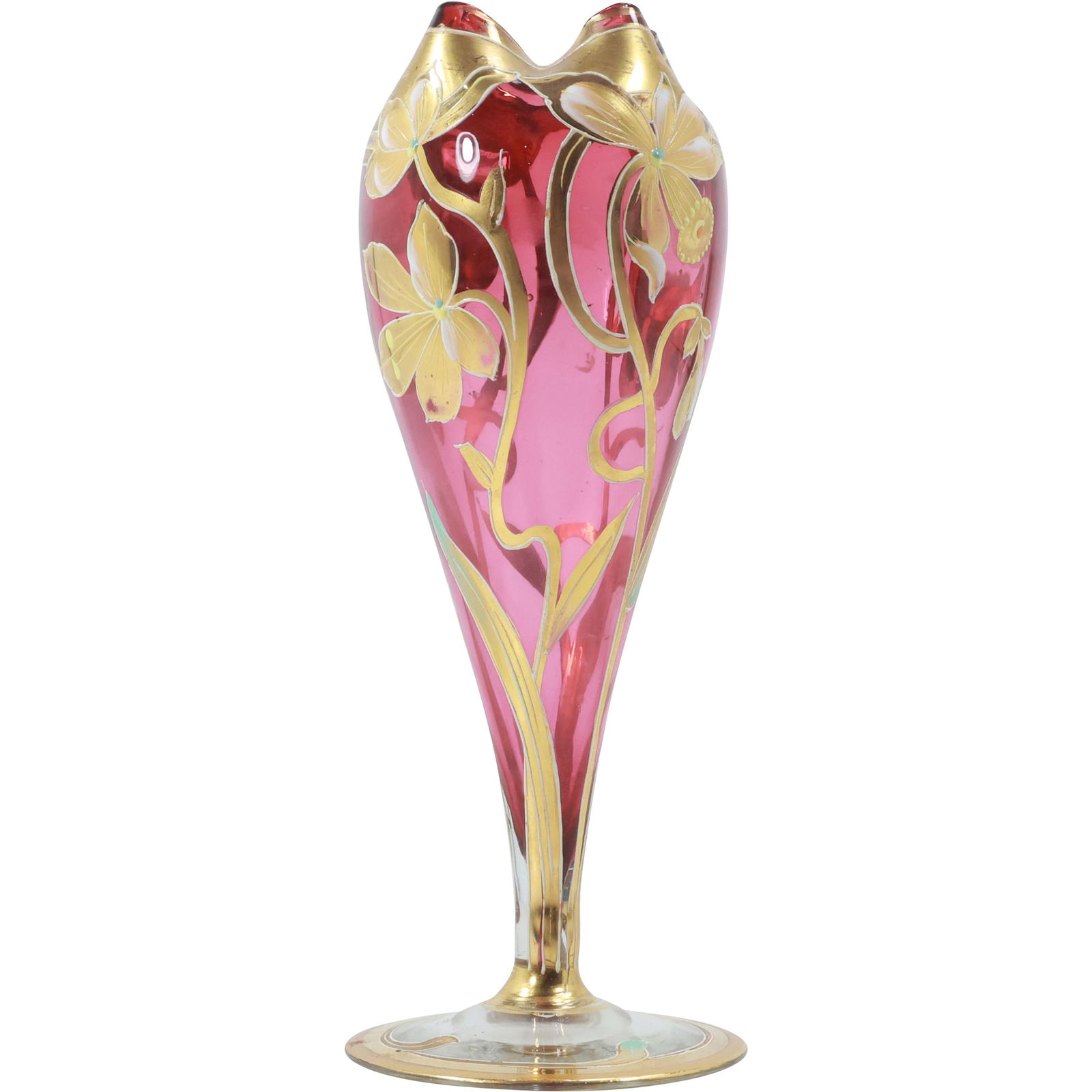 Antique Art Nouveau Moser Cranberry Glass Vase with Gold Floral Motifs, Czechia (1 of 20)