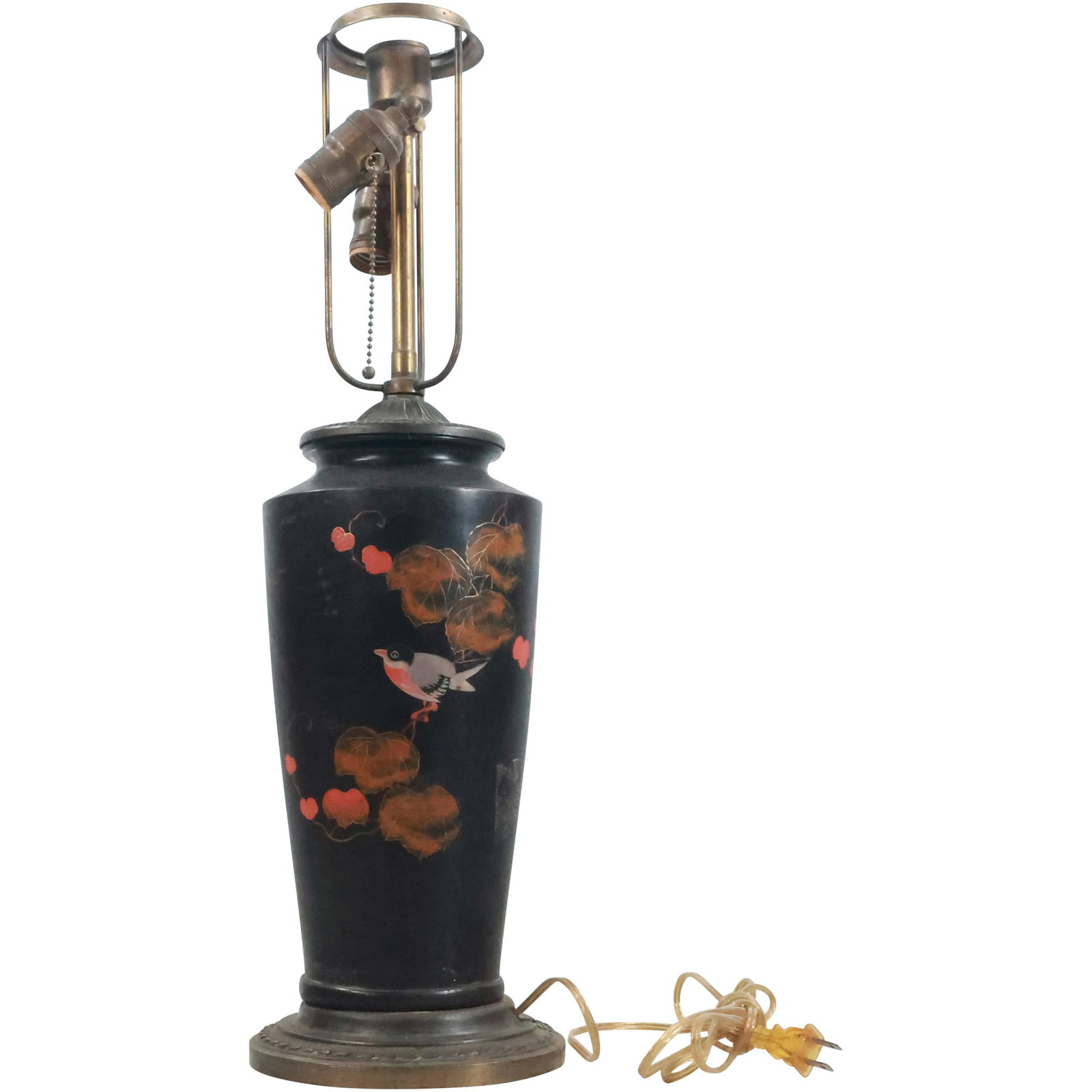 Early 20th Century Japanese Black Lacquer Table Lamp Bird on a Branch 24 in. overall height (1 of 15)