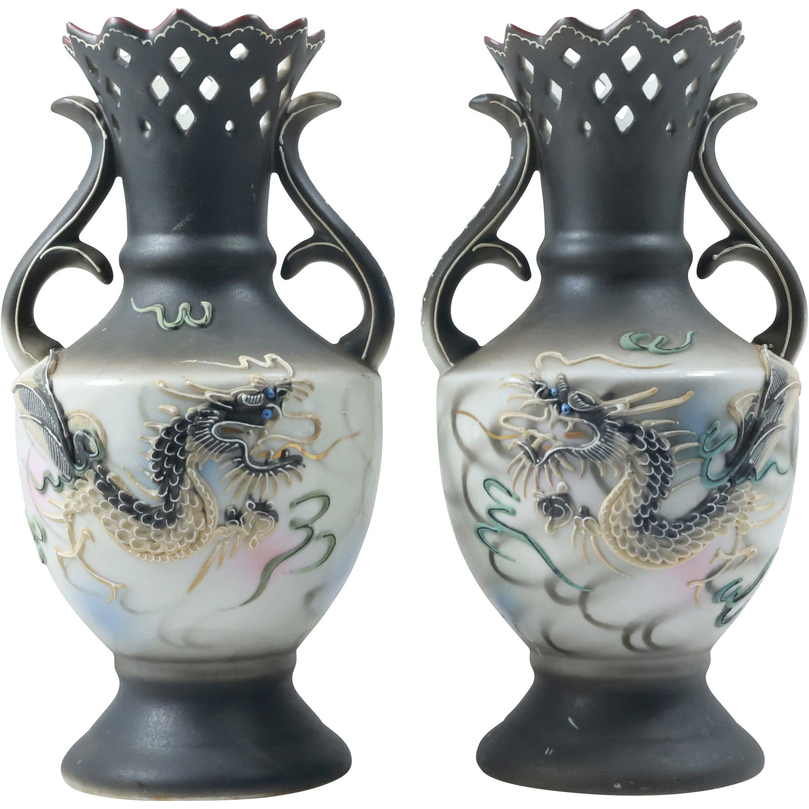 Pair of Dragonware Japan Moriage Lithophane Reticulated Double Handle Vases (1 of 20)