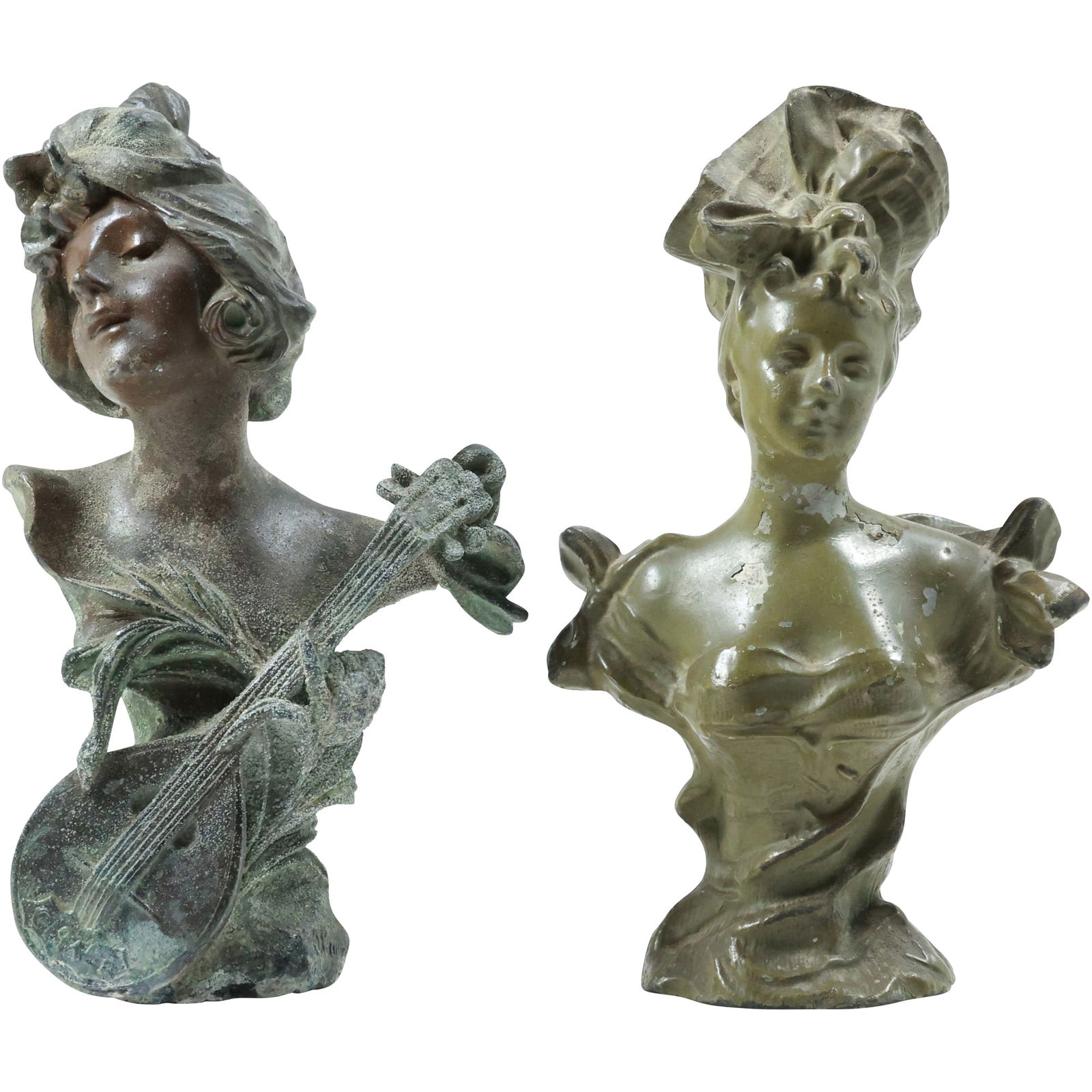 Pair of French Art Nouveau Bronze Busts - Female Figures with Mandolin and Flowing Gown (1 of 20)