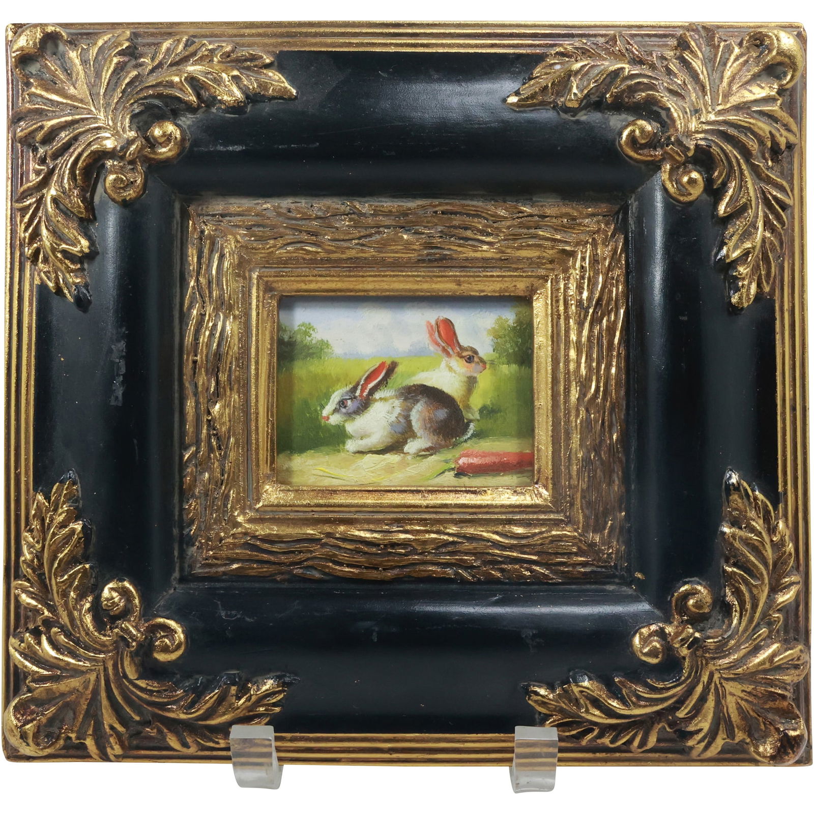 Miniature Oil Painting of Rabbits in Ornate Frame (1 of 20)