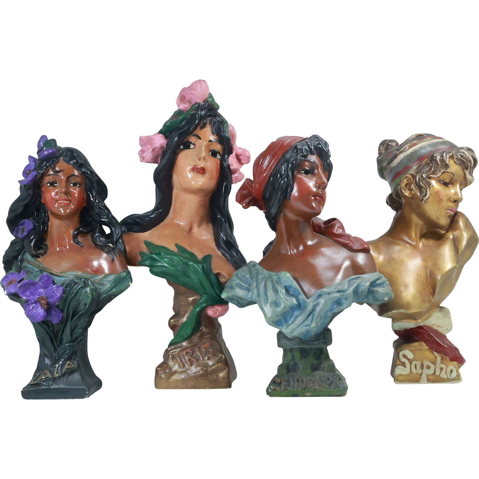 4 Assorted Painted Art Nouveau Women Busts in Hard Plaster Composition 15.5 in. to 20.5 in. heights (1 of 20)