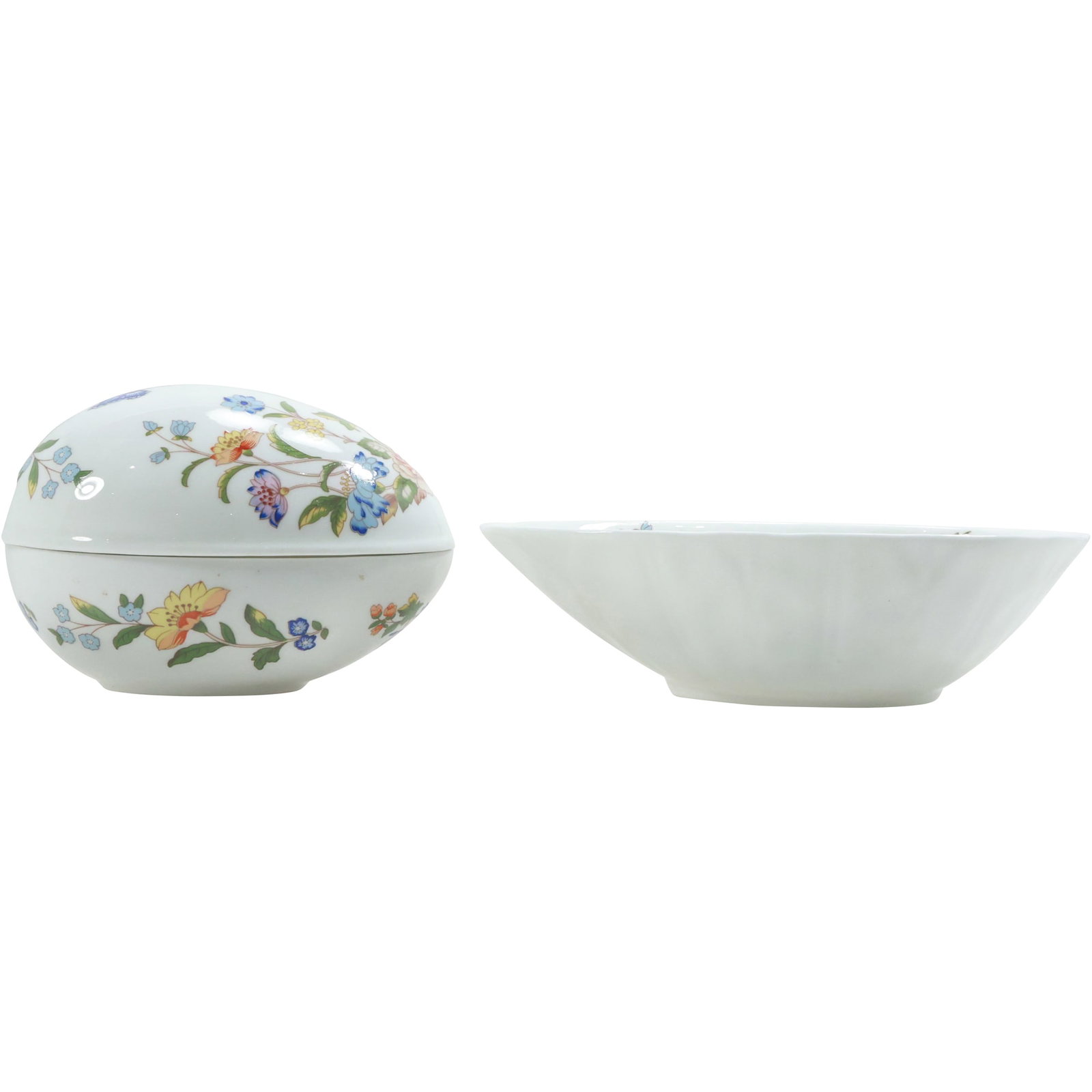 Aynsley Fine Bone China Lidded Egg and Bowl Set:: This elegant Aynsley fine bone china set includes a lidded egg and a matching bowl, both adorned with vibrant floral patterns. The delicate blooms in shades of blue, yellow, pink, and orange are beaut