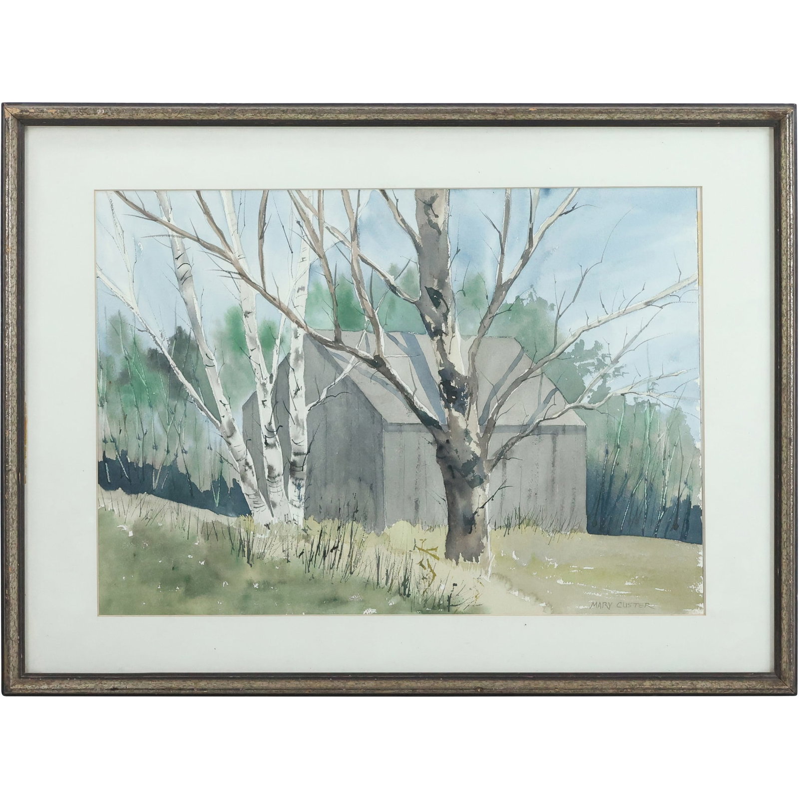 Mary Custer, Pa. Artist, Fine Watercolor of a Grey Rural Barn Behind Birch Trees, Signed, Framed: Mary Custer, Pa. Artist, Fine Watercolor of a Grey Rural Barn Behind Birch Trees, Signed, Framed. Labels and Bio on Verso. Painting titled "Secluded Barn". size: 14 x 19.5 matte, 19 x 25.5 outside fra