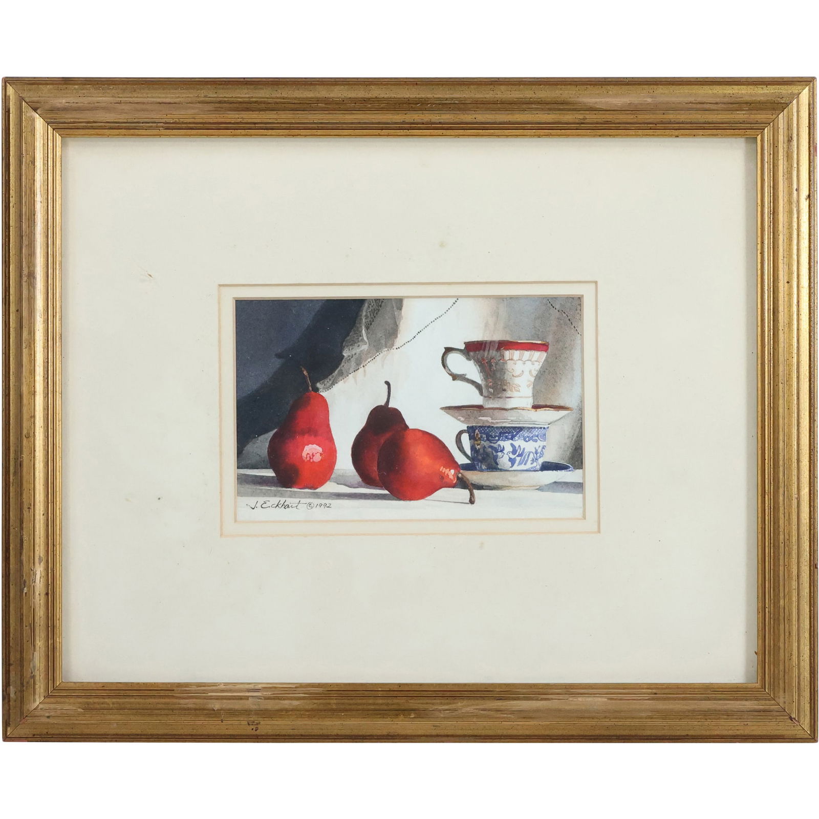 Judy Eckhart 1992, Fine 20th C. Watercolor Painting Still Life titled "Blue Willow Ware" (1 of 11)