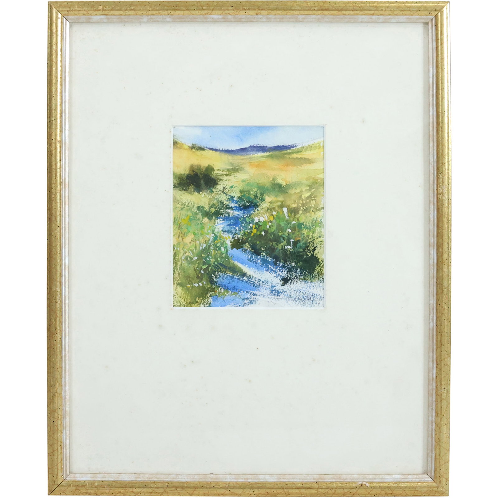Joan Boryta, Watercolor Painting, "Purple Mountains" , Chadd's Ford Gallery Label, Framed: Joan Boryta, Watercolor Painting, "Purple Mountains" , Chadd's Ford Gallery Label, Framed. size: 5.5 x 4.5 matte, 15 x 12 outside frame