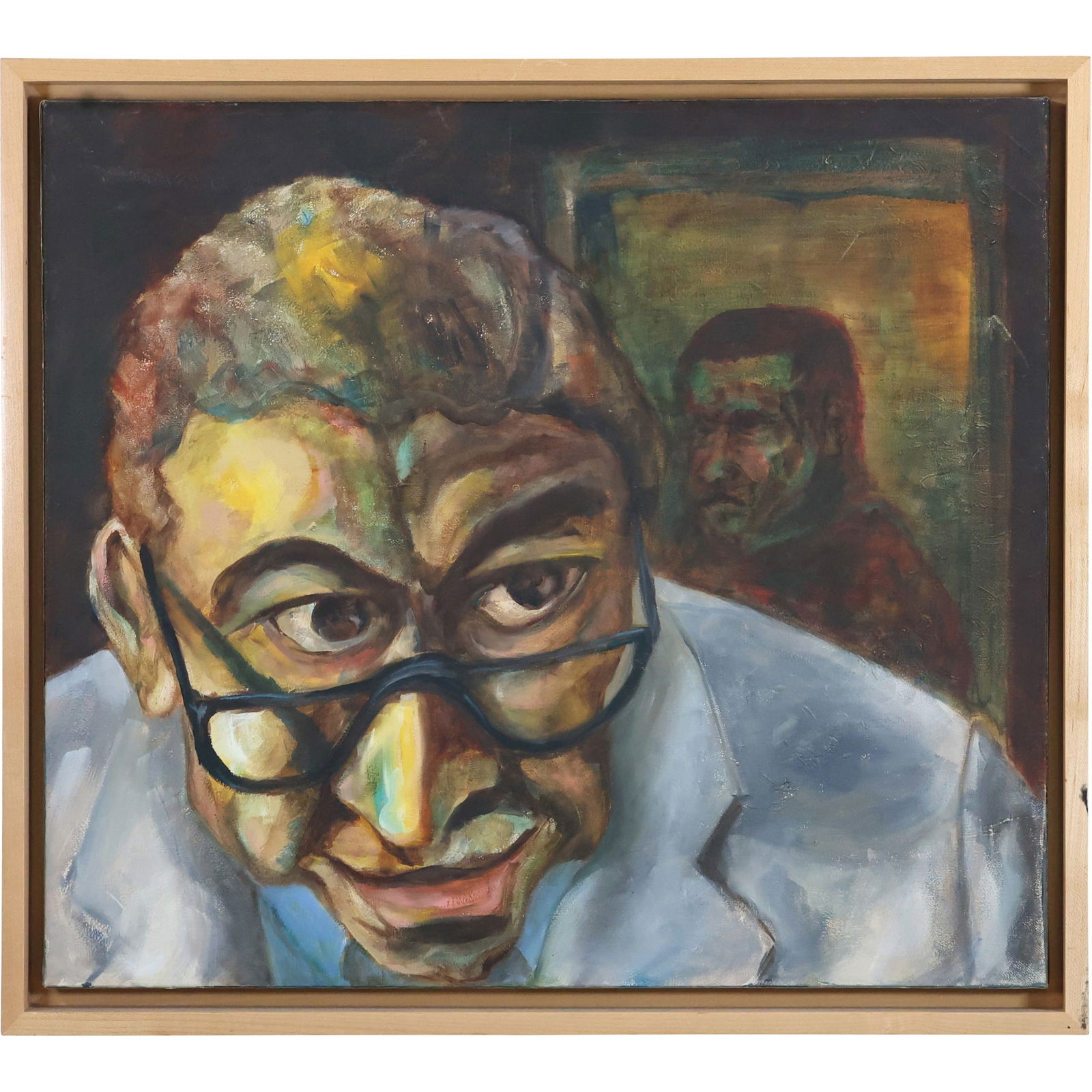 manner of David Hockney, Oil on Canvas Painting Portrait of a Man, Unsigned, Framed (1 of 12)