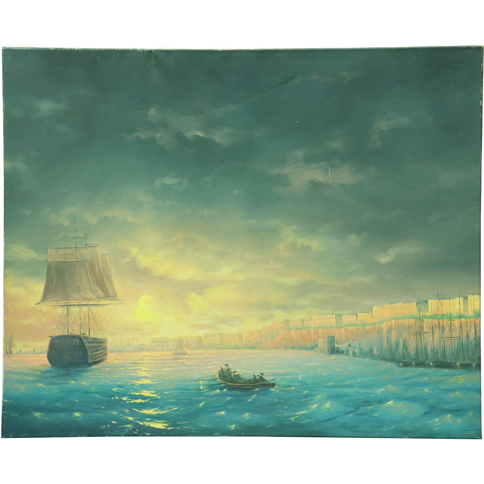Dusk on the Harbor: Coastal Scene with Sailing Ship and Rowboat Oil on Canvas: painting depicts a coastal scene at dusk, featuring a large ship with sails furled, anchored in calm waters. The sky is a mix of dark clouds and a fading glow from the setting sun, casting a muted lig