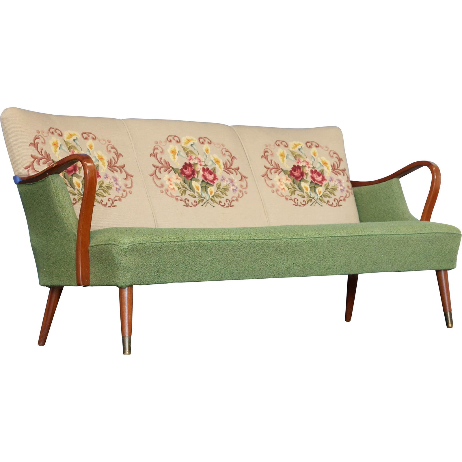 attributed to Alfred Christensen Vintage Mid-Century Modern Sofa with Floral Tapestry Cushion Back (1 of 11)
