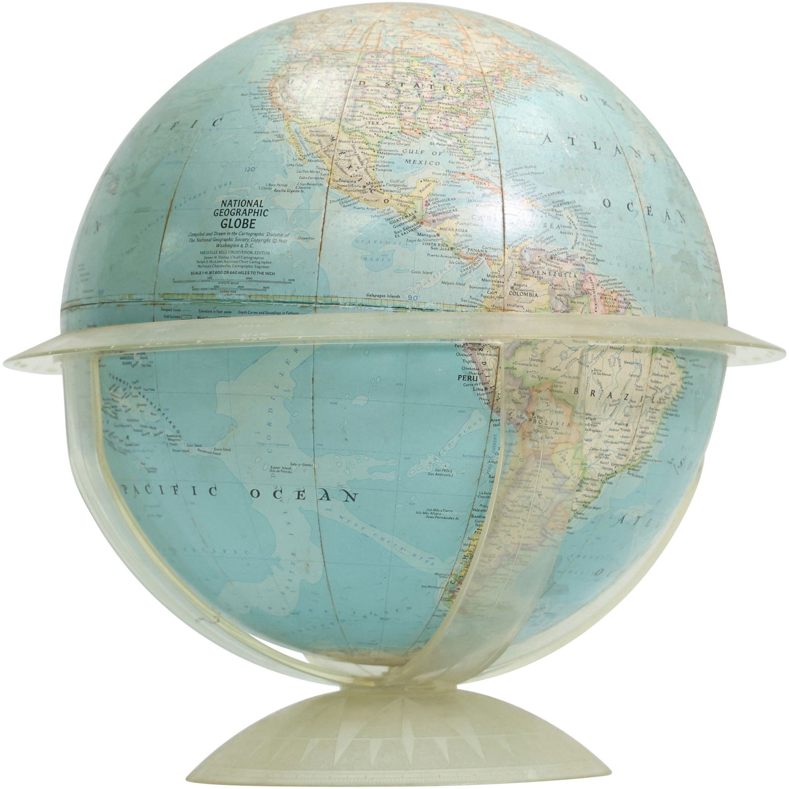 copyright 1961 National Geographic Globe, Table Top Model, Lucite Base Holder 12 in. diameter (1 of 16)