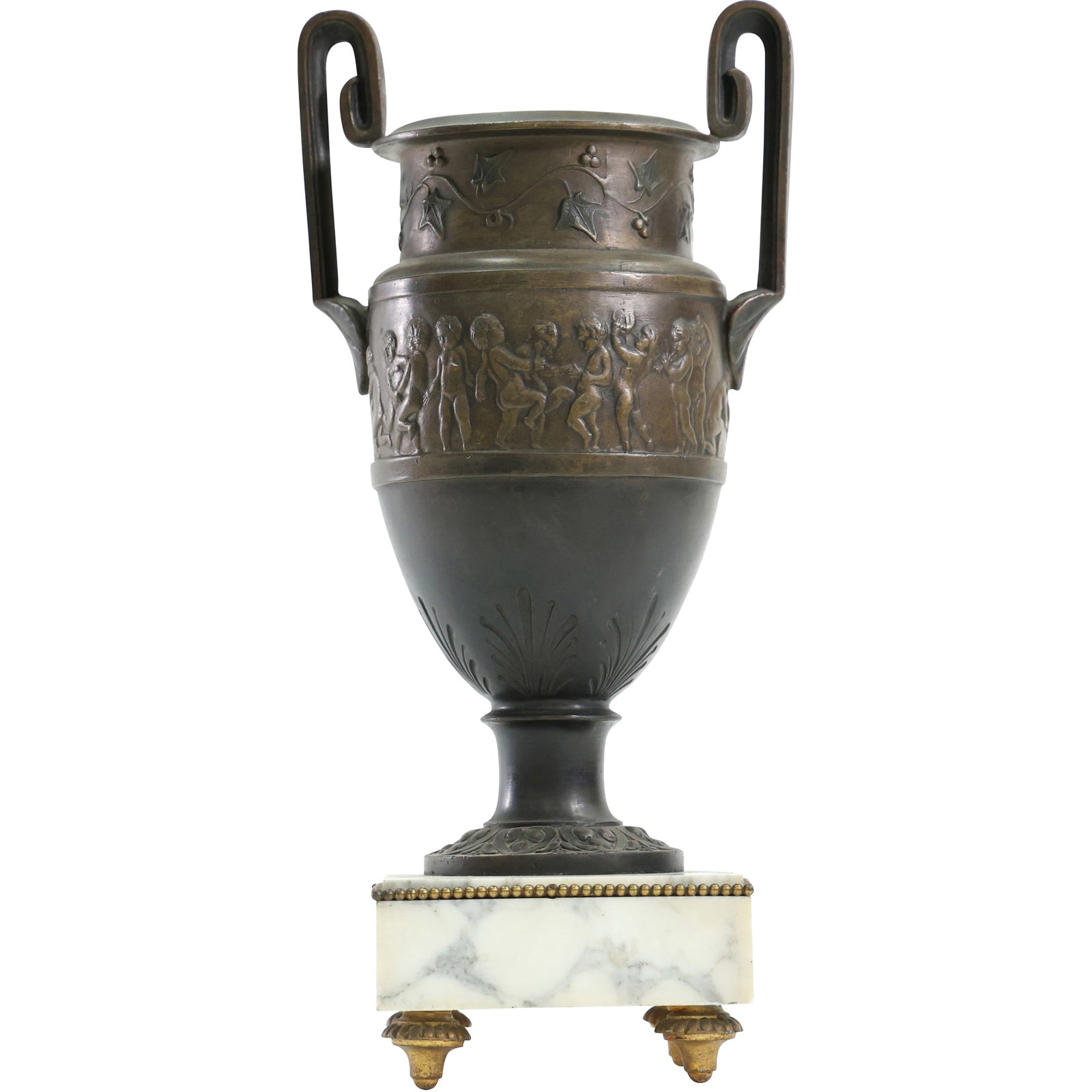 19th C. Bronze Grecian Urn, White Marble Base, Band of Putti / Cherub Figures 15.5 in. height (1 of 15)