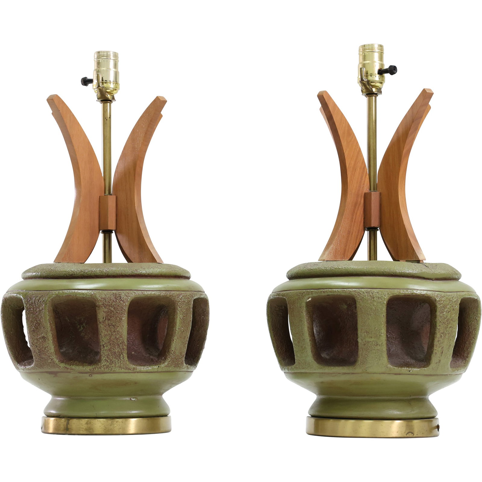 Pair of Mid Century Brutalist Plasto Chalkware and Walnut Open Table Lamps 20 in. height (1 of 18)