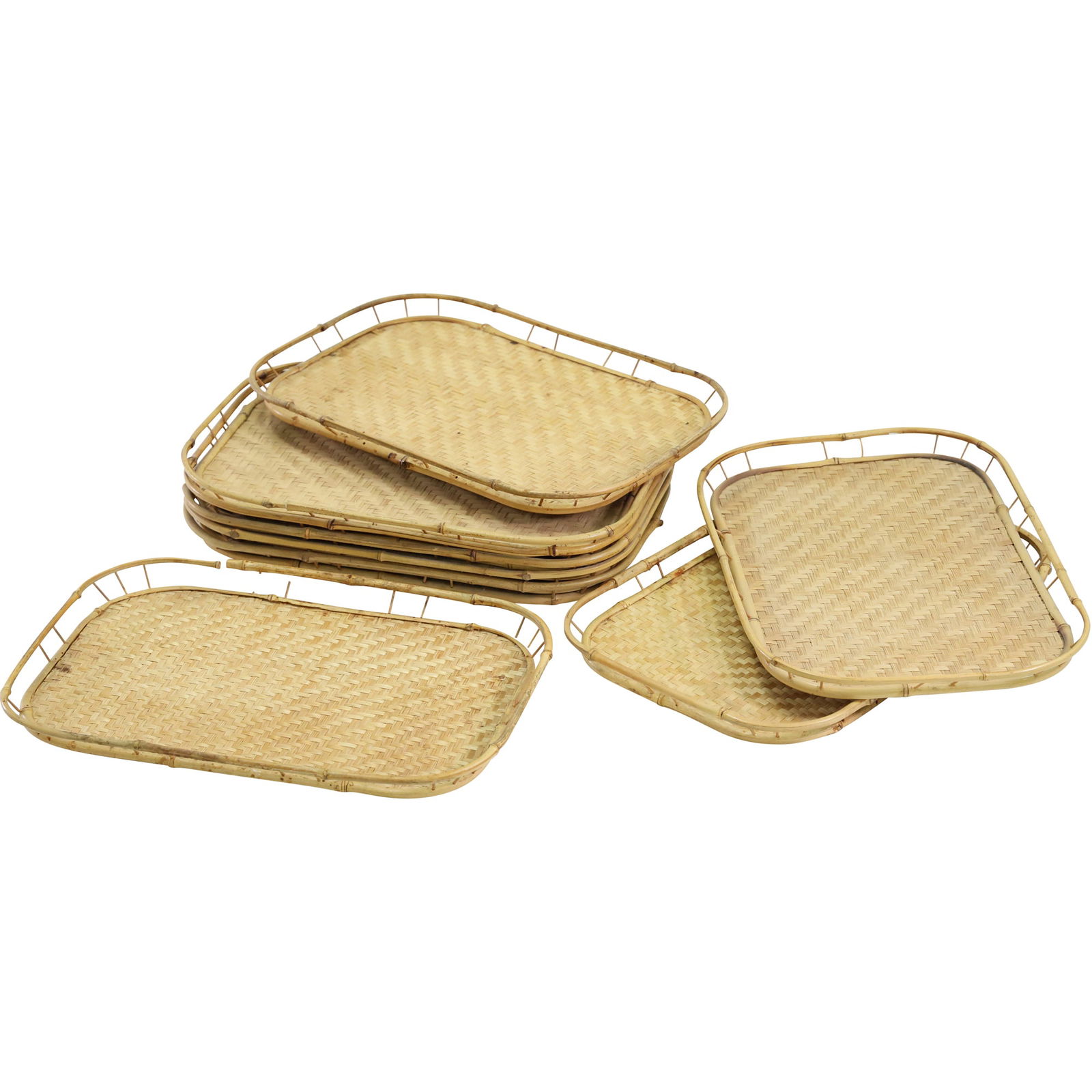 Set of 9 Rattan Bamboo Wicker Tiki Boho Serving Trays: (1 of 15)