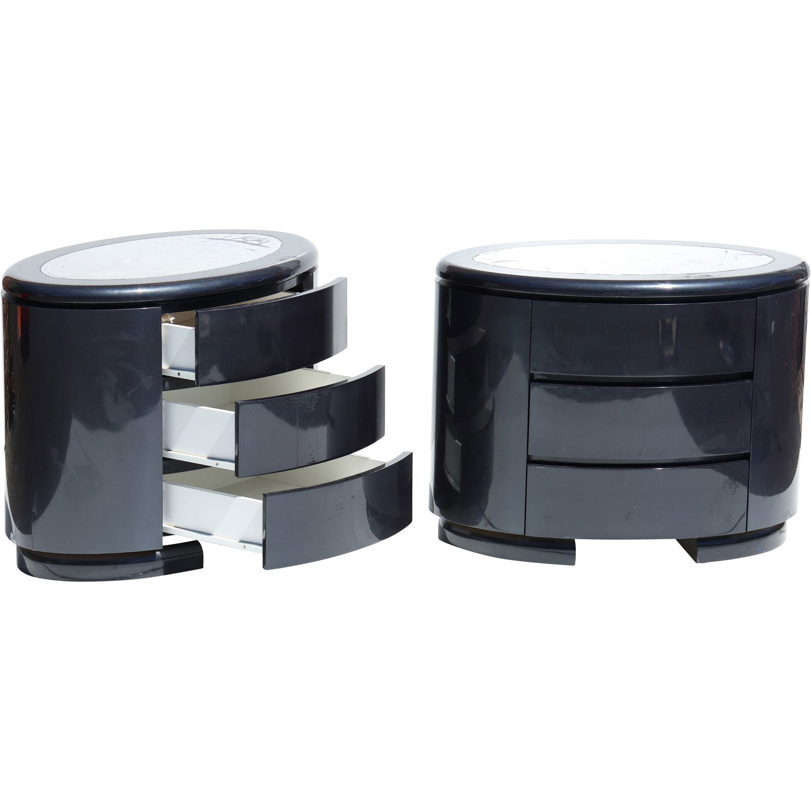 Pair of Italian Oval Side Tables with Silver Foil Glass Tops, Black Lacquered - Similar to Kazuhide (1 of 10)