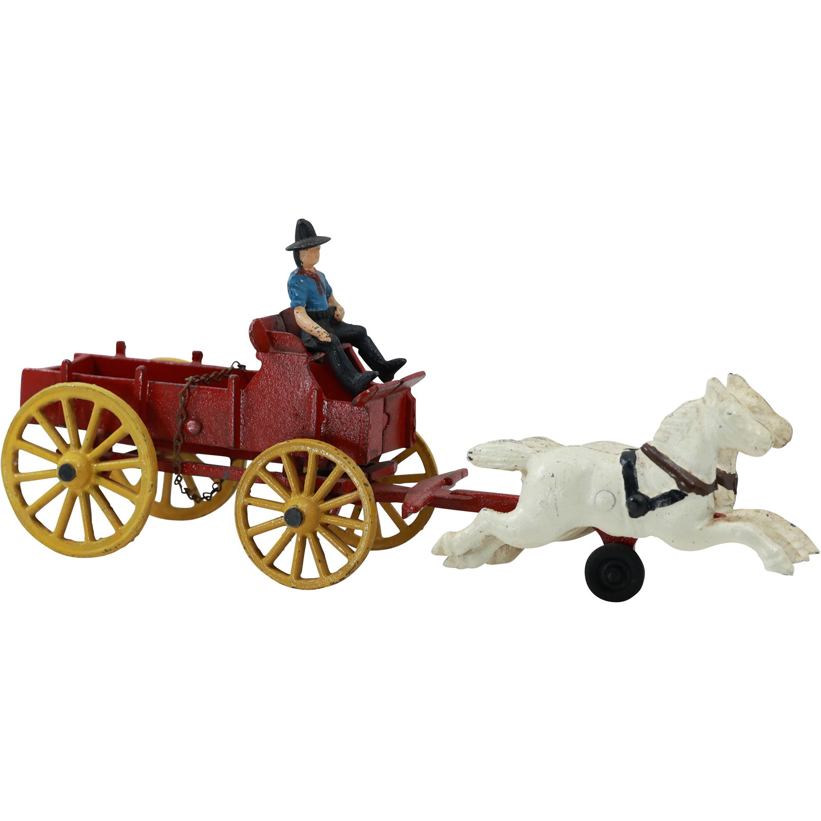 Novelty Cast Iron Toy Horse Drawn Farm Work Wagon with Farmer in Original Paint 11.5 in. length: Novelty Cast Iron Toy Horse Drawn Farm Work Wagon with Farmer in Original Paint 11.5 in. length. size: 11.5x3x4 Shelf: E