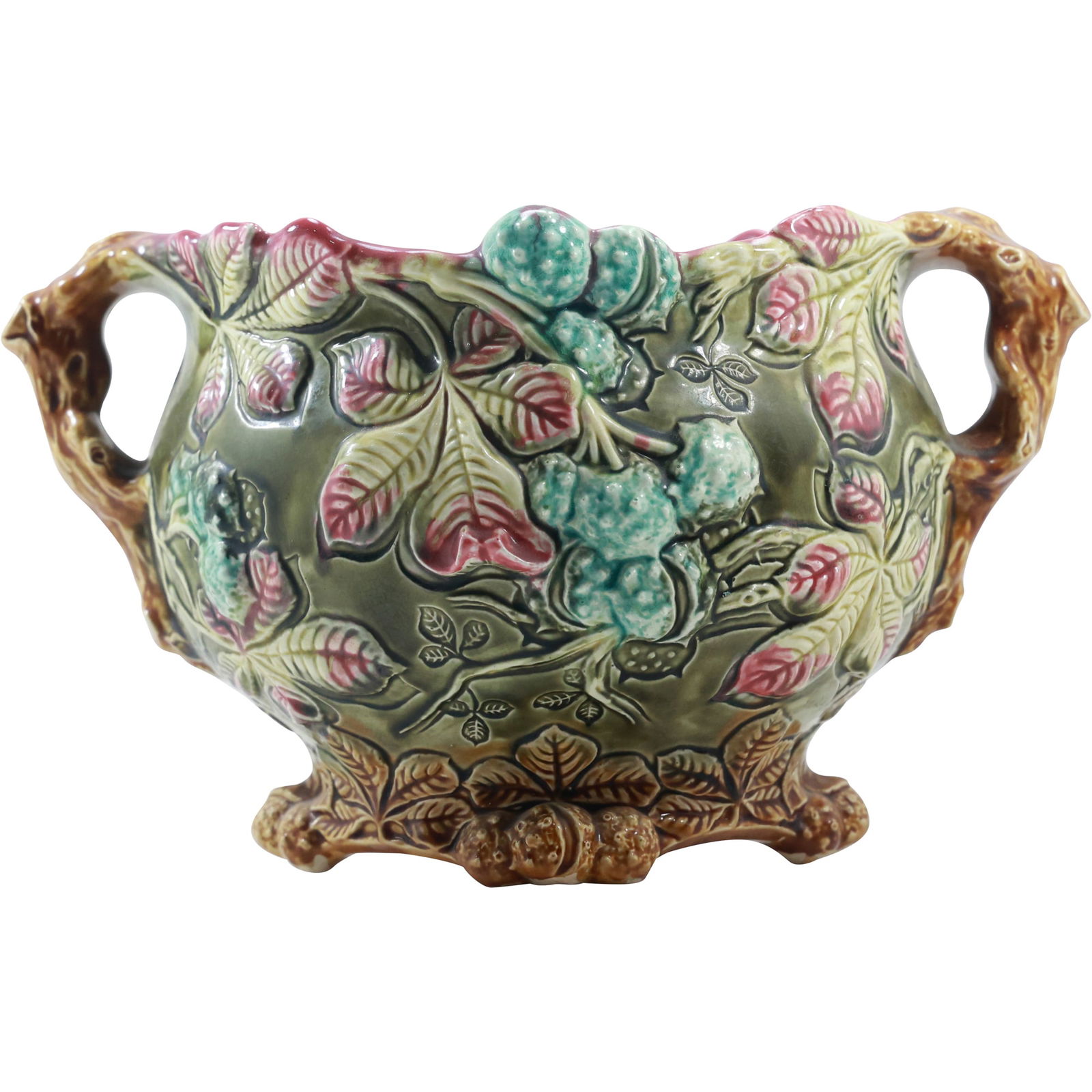 Frie Onnaing France, Quality Majolica Handles Vase Berries ands Leaves 13.5 in. length (1 of 18)