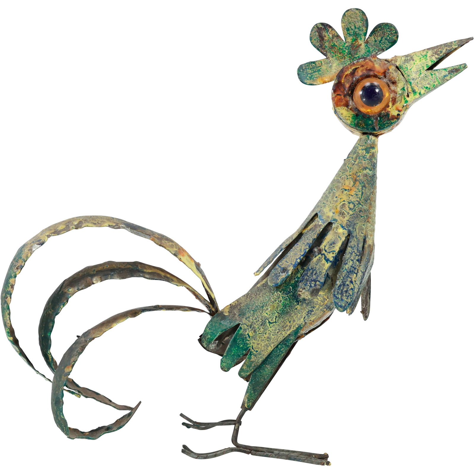 20th C. Metal Folky Rooster in Original Patina Finish 14.5 inches height x 14 inches length: 20th C. Metal Folky Rooster in Original Patina Finish 14.5 inches height x 14 inches length. size: 14.5x14x4 Shelf: E