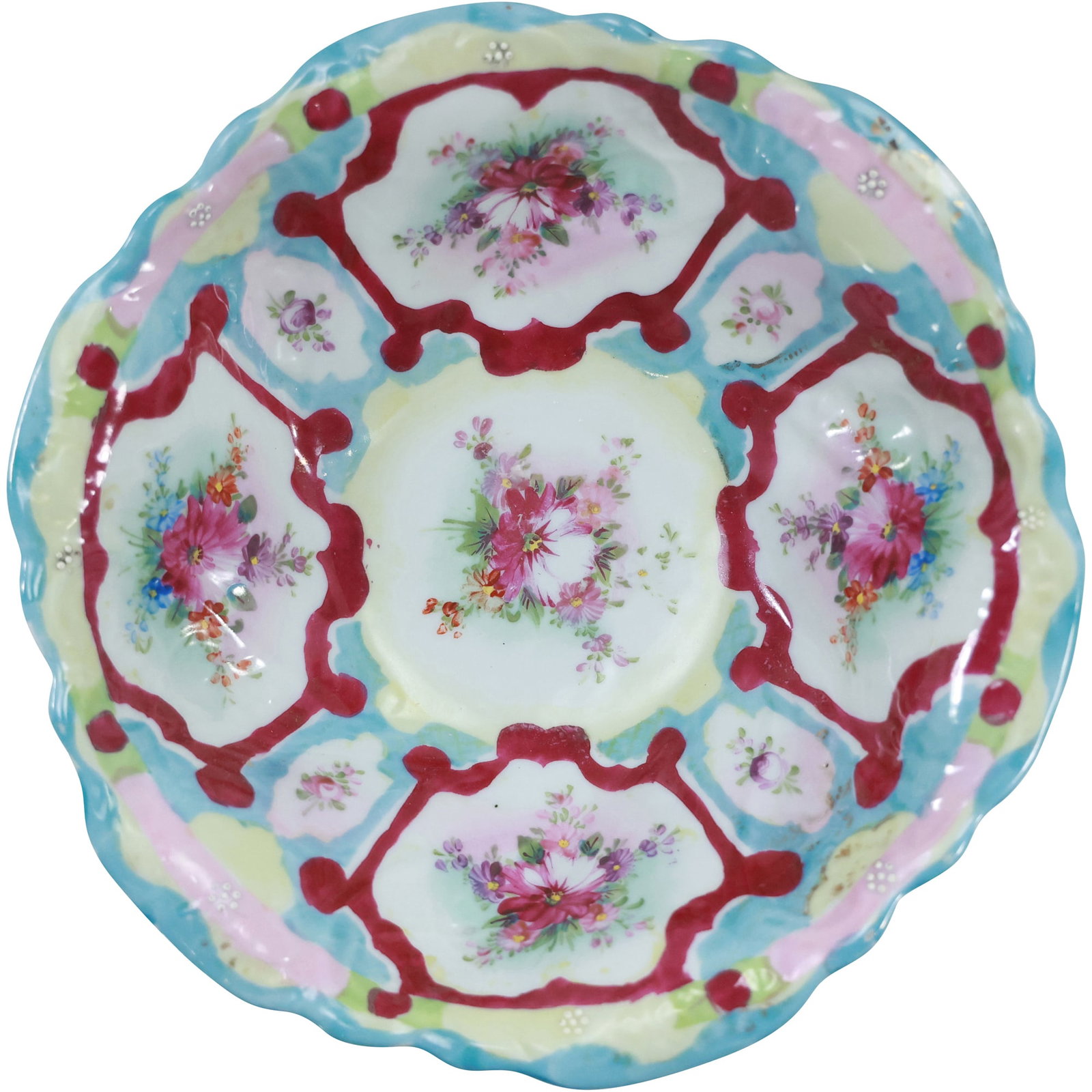 Antique Nippon Style Hand-Painted Bowl with Rococo Decorations, Made by Shimamura (1887-1910): This exquisite antique bowl, marked with "Shimamura Sei" (Made by Shimamura), is a remarkable example of Nippon-style porcelain from the late Meiji period. Created by Shingo Shimamura, a renowned deco