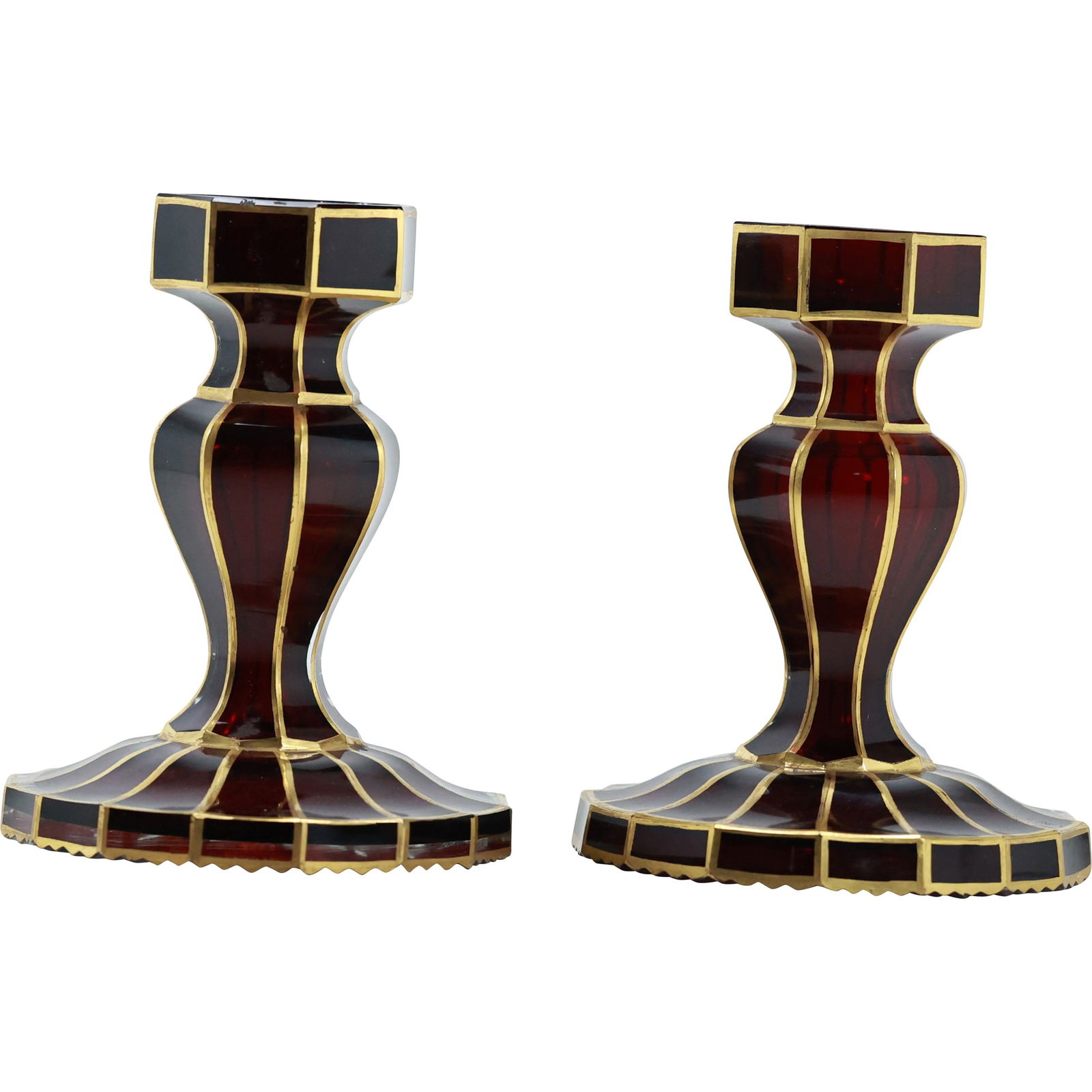 Pair of Moser / Bohemian  Ruby Glass and Gold Candlesticks, Late 19th Century (1 of 16)