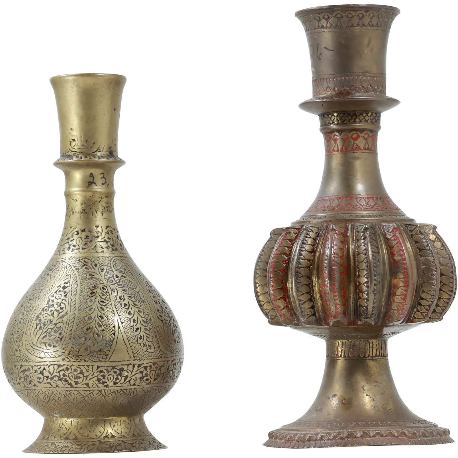 Pair of 19th Century Qajar and Mughal Brass Vases with Intricate Engravings: This exquisite pair of brass vases showcases the artistic craftsmanship of the 19th century, hailing from the rich cultural heritage of Persia and Mughal India. The first vase features intricate flora
