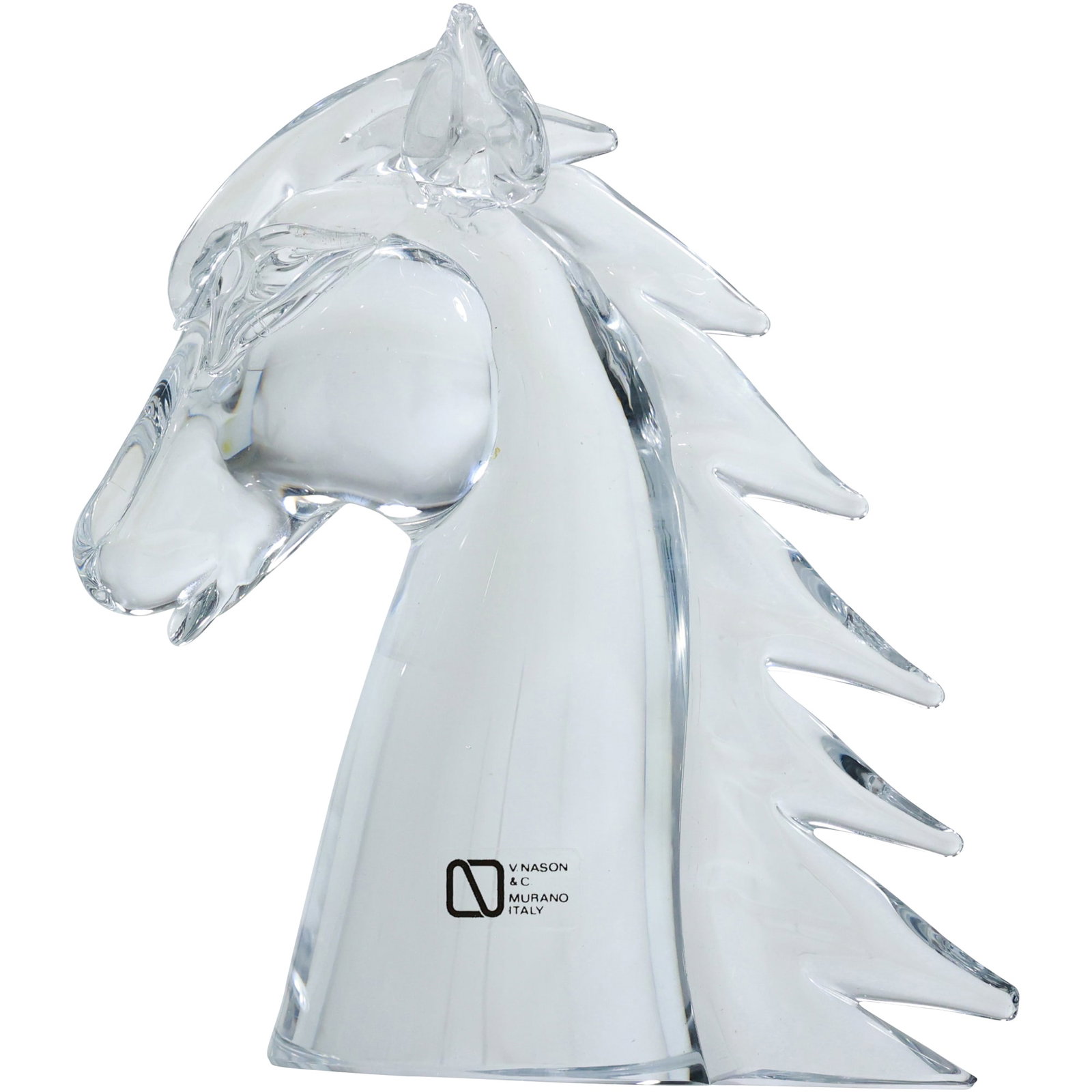 Vintage V. Nason & C. Murano Italy Crystal Glass Horse Head Sculpture: This striking vintage horse head sculpture is a fine example of Murano glass artistry, signed by V. Nason & C., a renowned glassmaker from the famous island of Murano, Italy. Known for its centuries-o